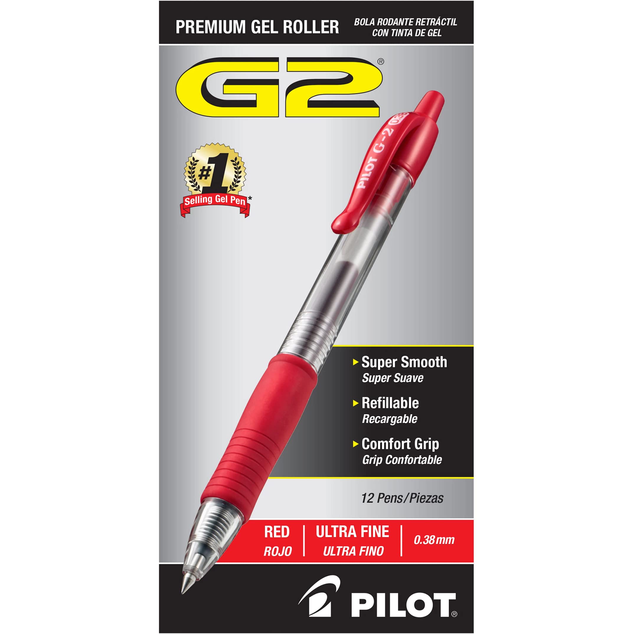 PILOT G2 Premium Refillable Retractable Gel Pens - Ultra Fine Point 0.38mm Red Ink - 12 Pack (31279) - Perfect for Office, School, Note Taking & Gift Giving
