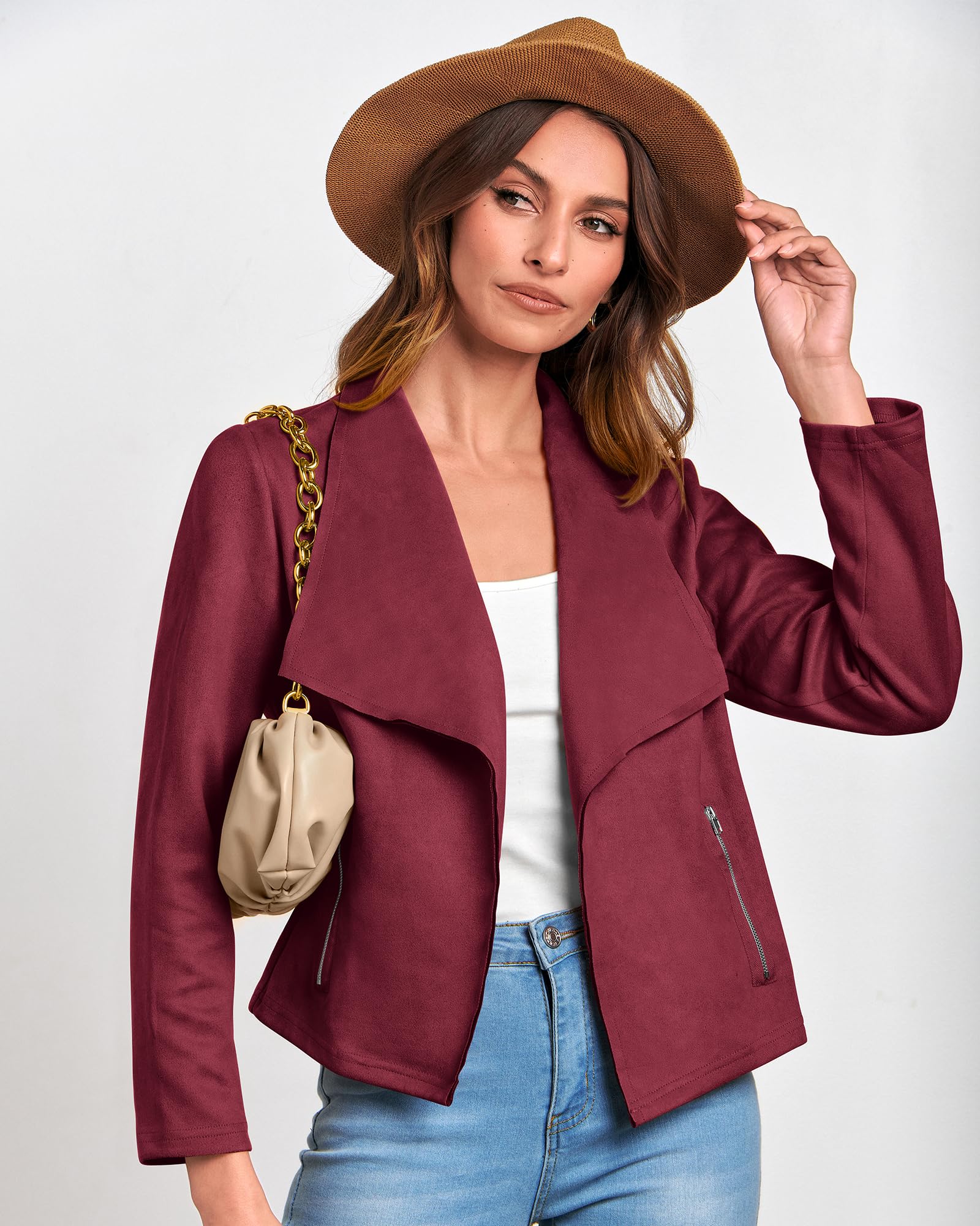 BTFBM Women's Faux Suede Jacket - Elegant Lapel Long Sleeve Open Front Cropped Coat for Spring Summer 2025 | Perfect for Office Wear, Date Nights & Casual Outings