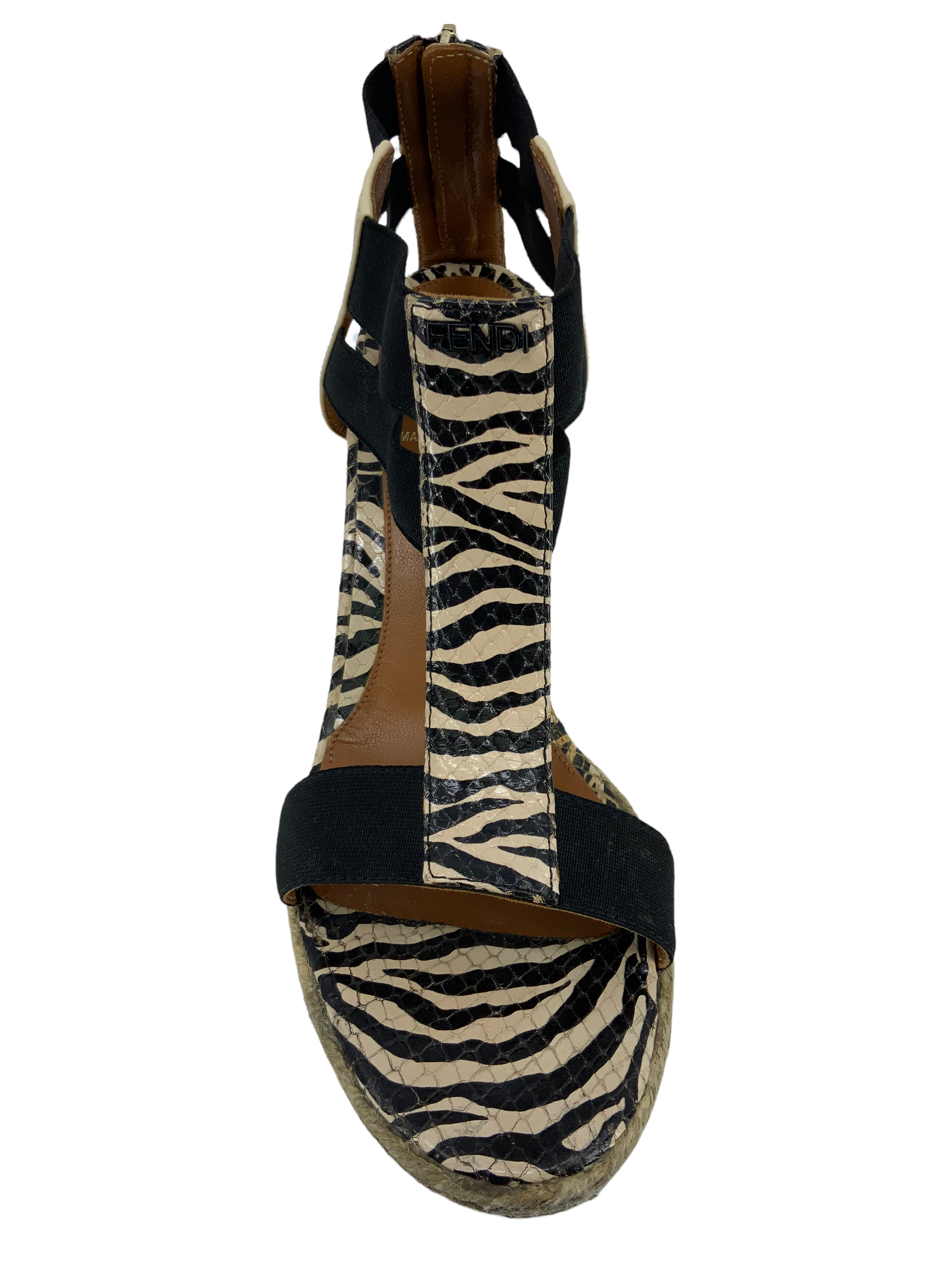 FENDI Carioca Zebra Print Wedge Sandals Women's Size 8 | Luxury Designer High Heels for Parties, Weddings & Night Out