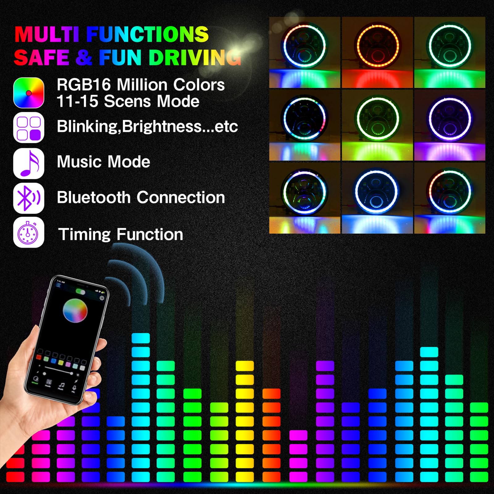YEEGO DIRECT 7 Inch LED Headlight with RGB Halo & 4 Inch RGB Fog Lights for Jeep Wrangler 1997-2018 (JKU, JK, TJ, LJ) - DOT Approved, Bluetooth APP Control, Custom Colors - Off-Road, Night Driving, Car Customization