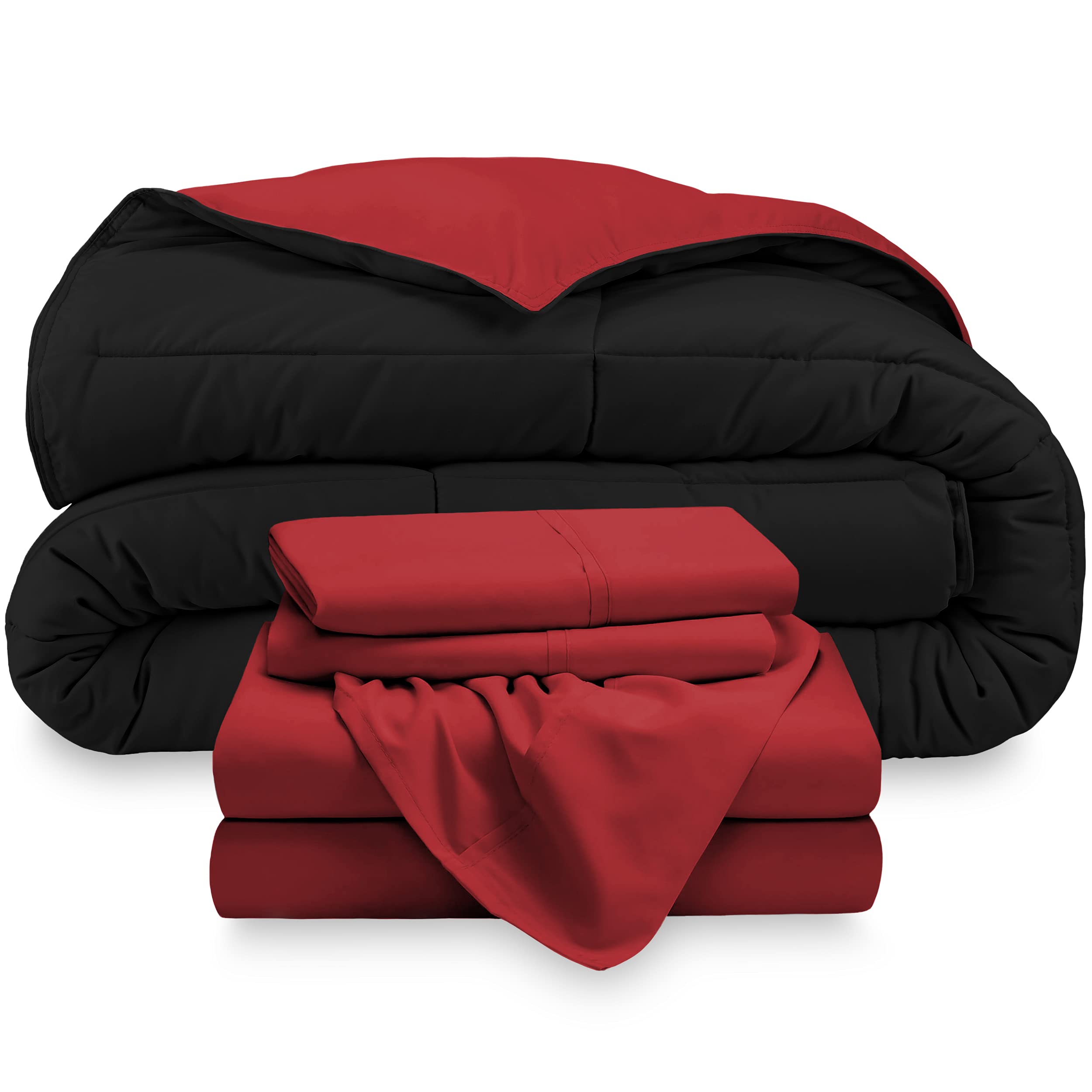 Bare Home Reversible 4-Piece Comforter & Sheet Set - Twin Size, Down Alternative, Ultra Soft Bedding - Black/Red & Red - Perfect for Kids' Rooms, Guest Beds & Dorm Essentials