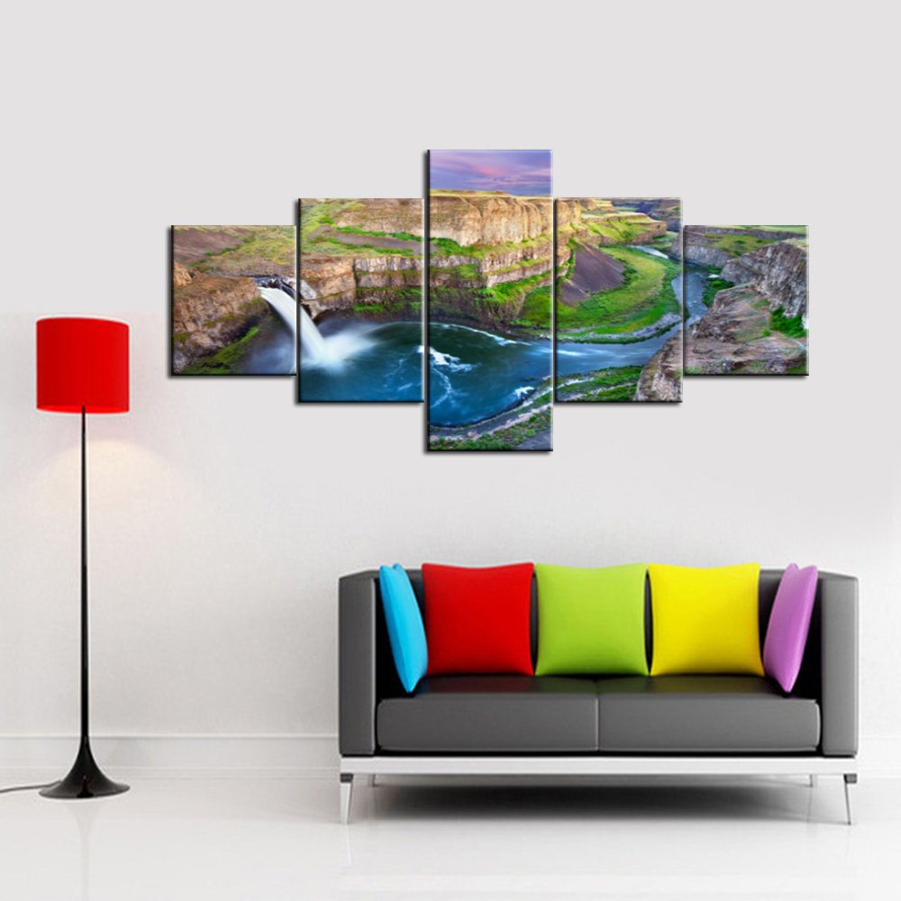 5-Piece Canvas Wall Art Set - Stunning Palouse Falls at Sunset Painting, Framed & Stretched Ready to Hang (50''W x 24''H) - Perfect Living Room Decor for Modern Homes | Washington USA Landscape Art | Ideal for Housewarming Gifts & Office Wall Decor
