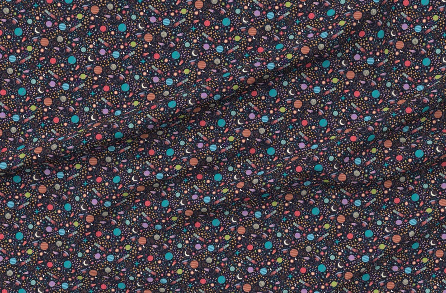 Colorful Ditsy Space Adventure Planets Stars Geo Print Chiffon Fabric by The Yard - Premium Sewing Material for Fashion Apparel, Dresses & Home Decor - Perfect for DIY Projects, Quilting, Curtains and Crafting