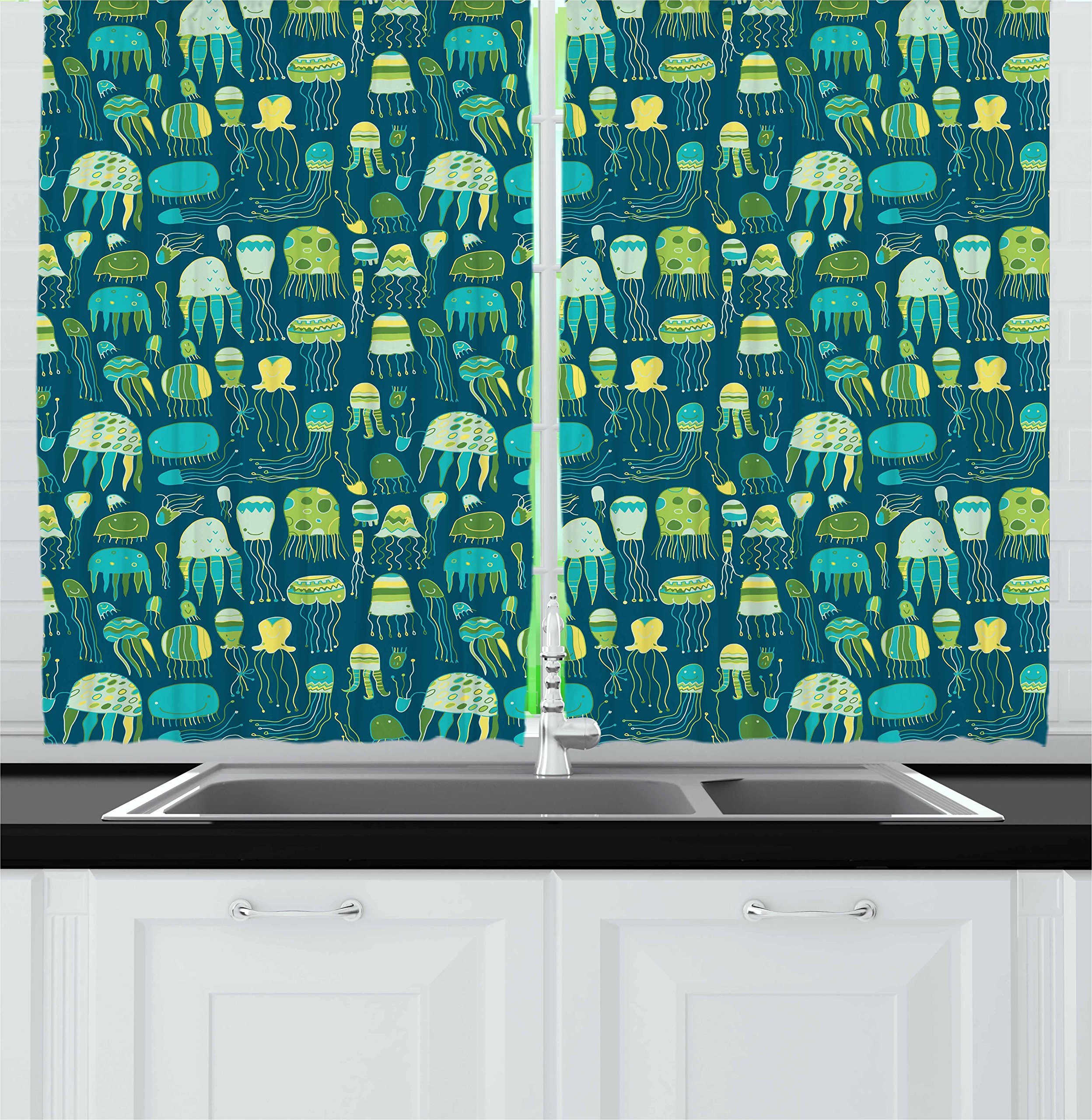 Ambesonne Jellyfish Kitchen Curtains - Whimsical Sea Creatures Doodle Print Window Drapes, 2 Panel Set for Coastal & Nautical Decor (55x39 Inches, Multicolor) - Perfect for Beach House, Kids Room & Ocean-Themed Cafes