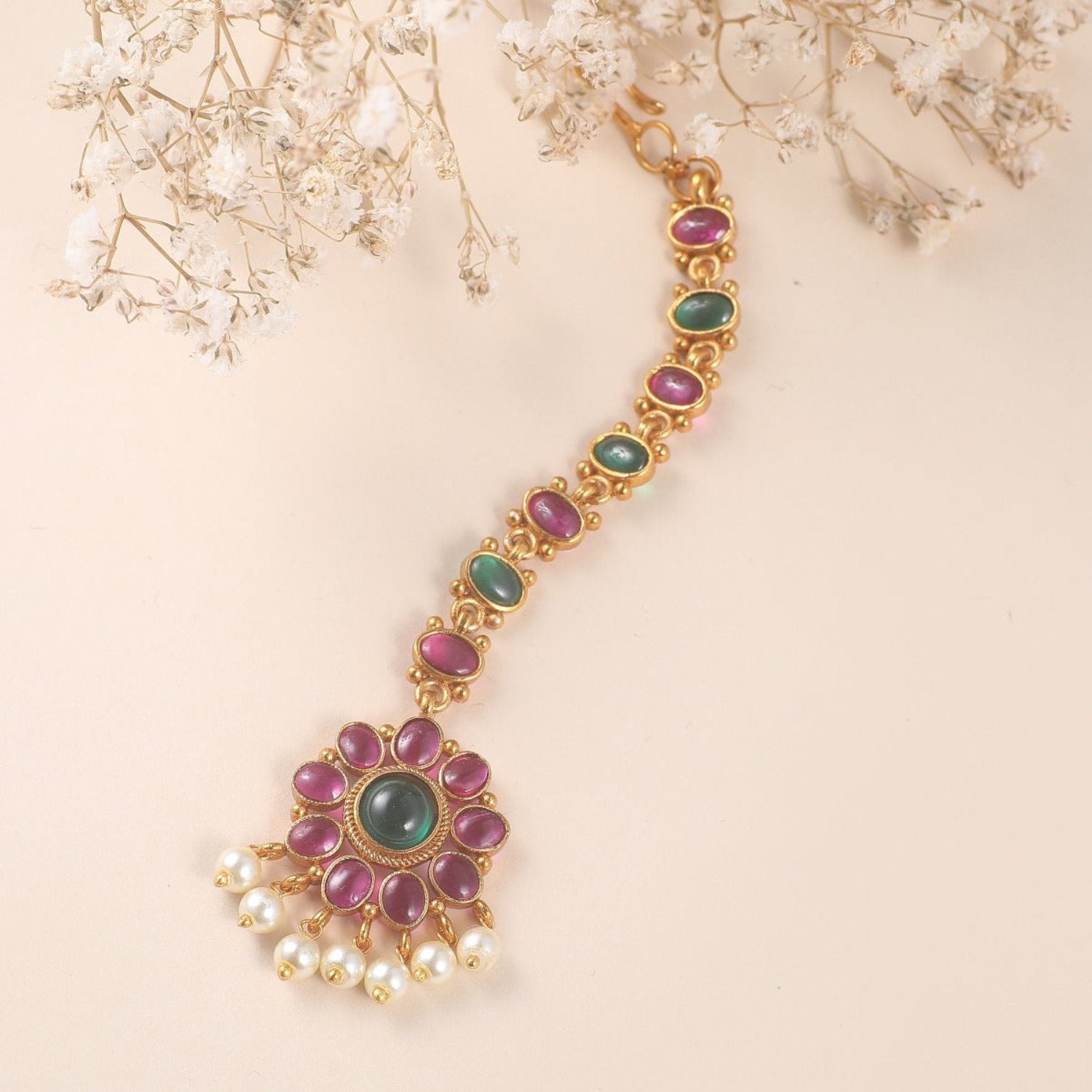 Antique Gold Plated Mahilam Maang Tika - Traditional Indian Bridal Hair Jewelry for Weddings & Festivals