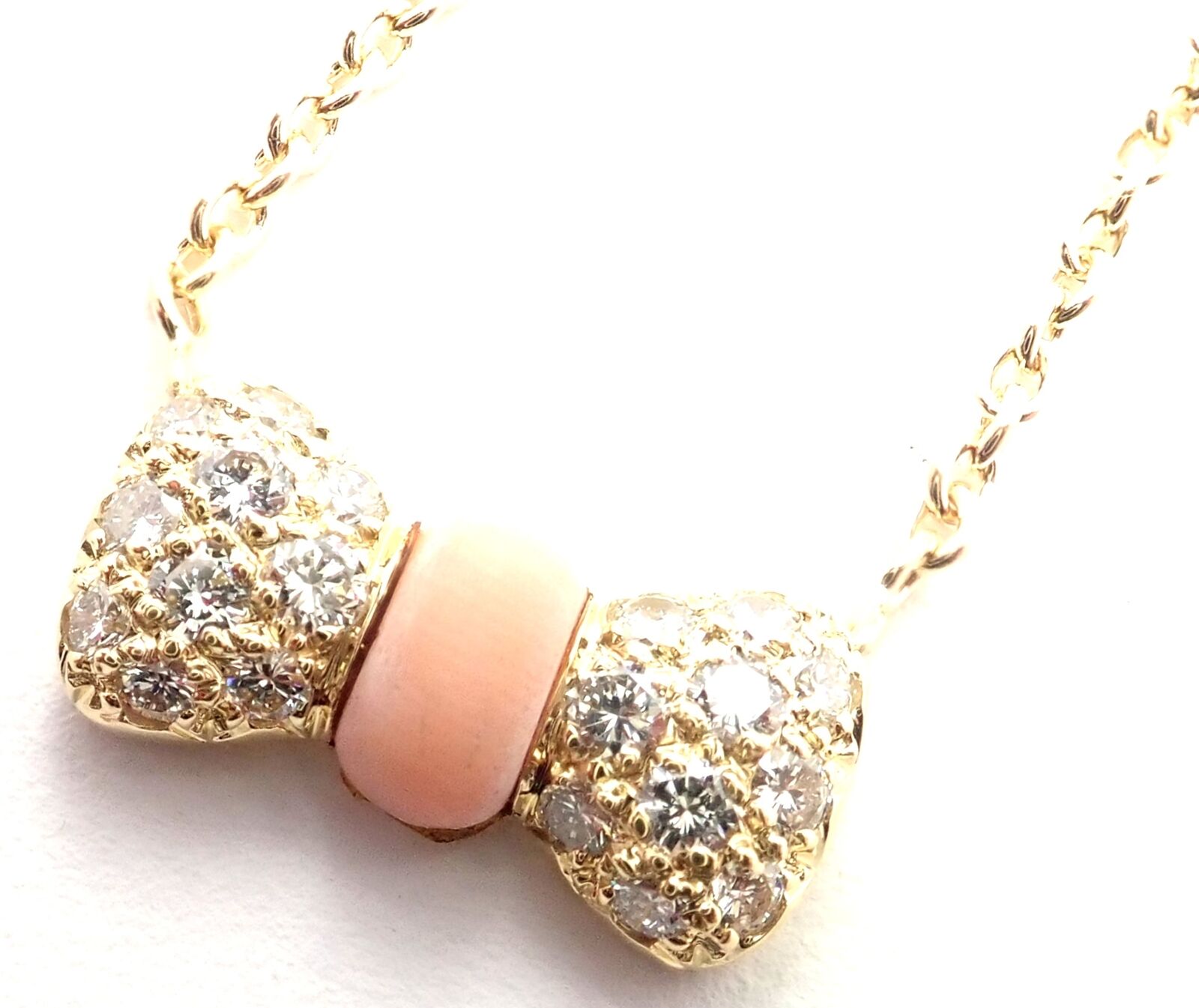 Authentic Van Cleef & Arpels 18k Yellow Gold Diamond Coral Bow Pendant Necklace - Luxury Jewelry Gift for Women, Perfect for Weddings & Special Occasions