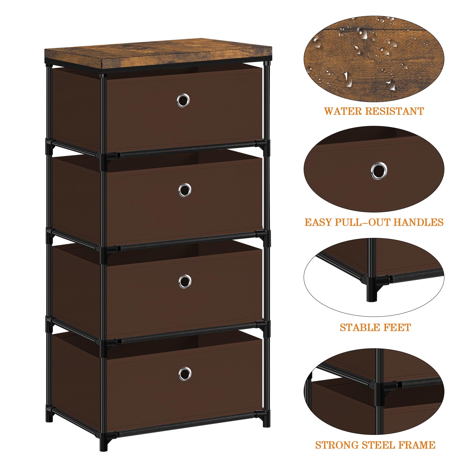 MOOACE 4-Drawer Fabric Storage Dresser - Clothes Organizer & Storage Tower for Bedroom - Small Fabric Chest of Drawers - Brown - Perfect for Closet Organization, Nursery Storage & Small Space Living