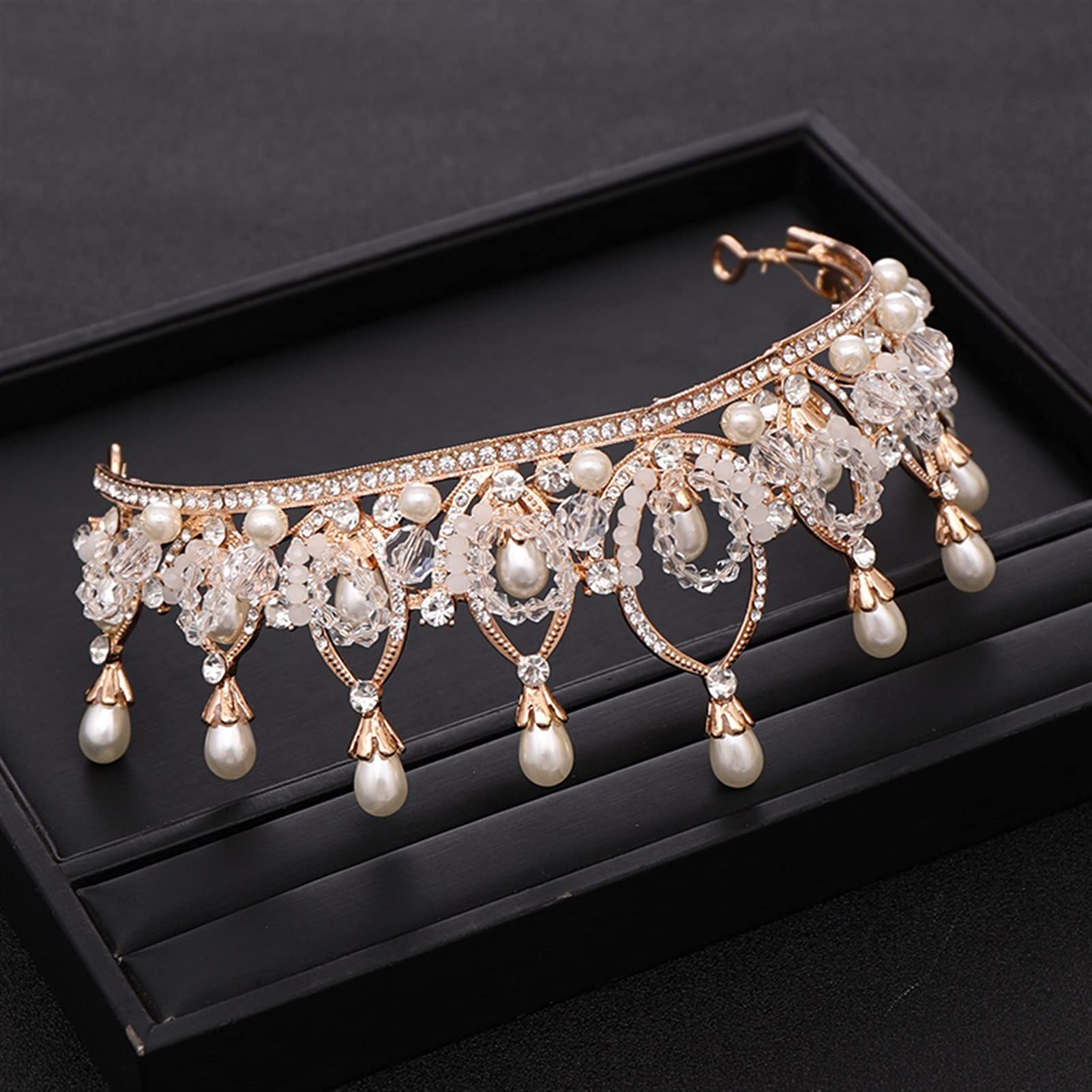 Trendy Rhinestone Crystal Pearl Wedding Crown - Golden Princess Headdress for Brides | Elegant Bridal Hair Accessories for Weddings, Prom & Special Occasions