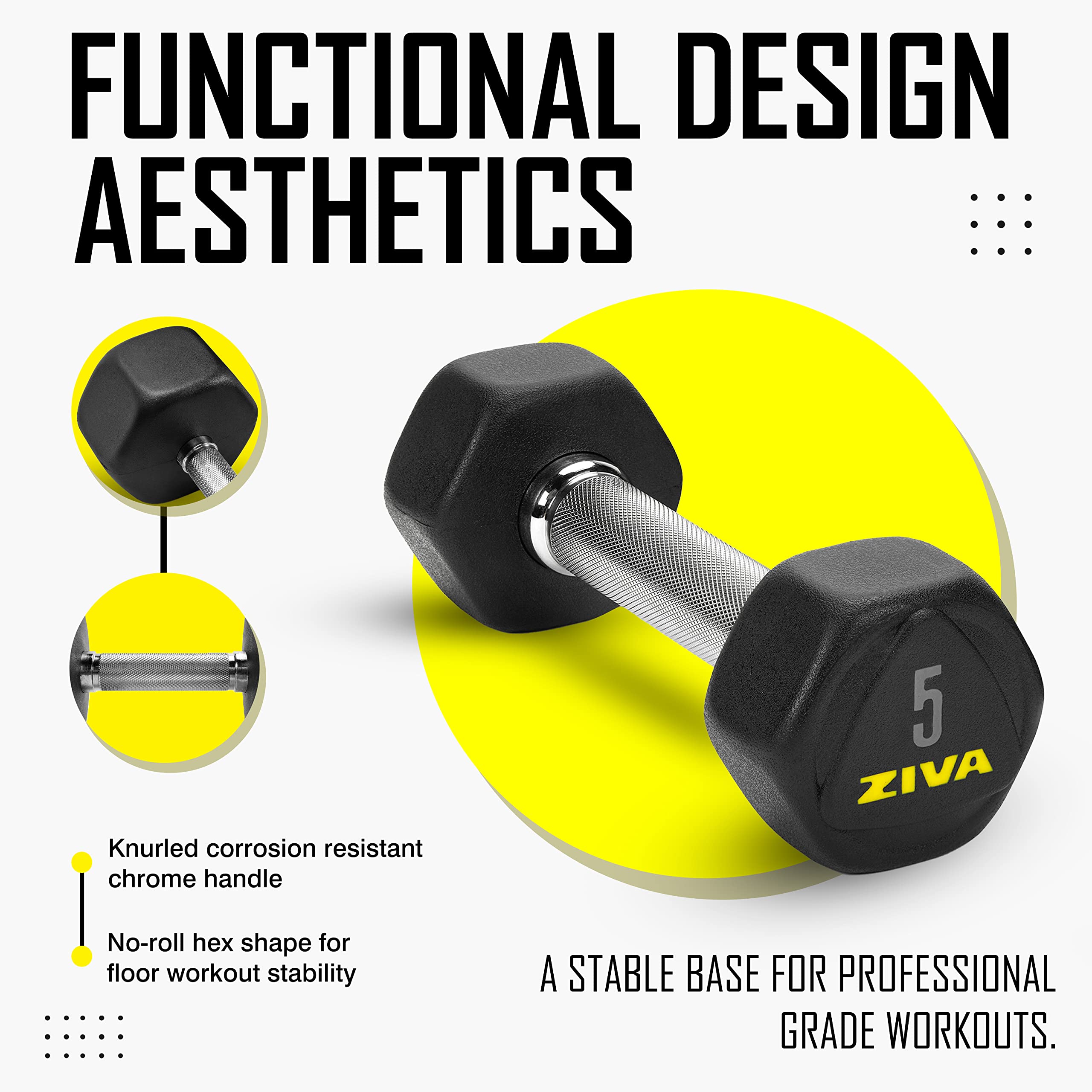 ZIVA Hexagon RPU Dumbbells - Commercial-Grade Rubber Urethane Coating, Solid Steel Core for Weight Training - Sold in Pairs (25-50lbs) - Perfect for Home Gym, CrossFit & Strength Training