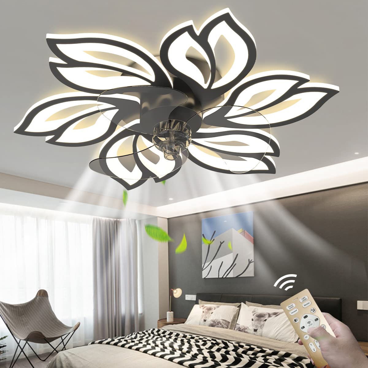 2022 Upgraded 25-inch Bladeless Ceiling Fan with LED Lights & Remote Control, Ultra Quiet Flush Mount Ceiling Fan for Kids Room, Bedroom, Nursery - 72W Energy Efficient (Black) | Perfect for Home, Office & Indoor Cooling