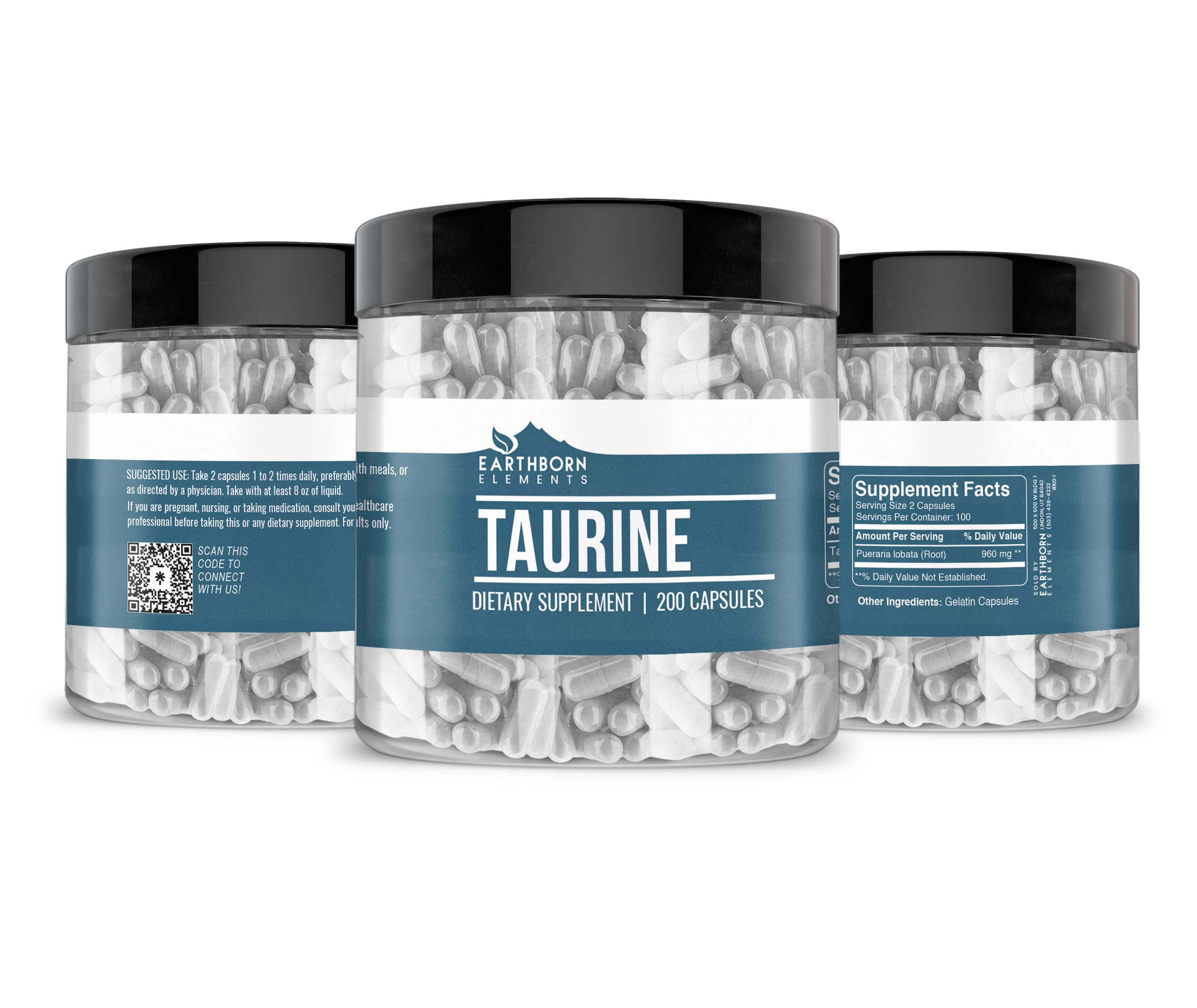 Earthborn Elements Pure Taurine 200 Capsules - Undiluted, No Additives, Vegan & Gluten-Free Supplement for Energy, Focus & Heart Health - Perfect for Athletes, Gamers & Busy Professionals