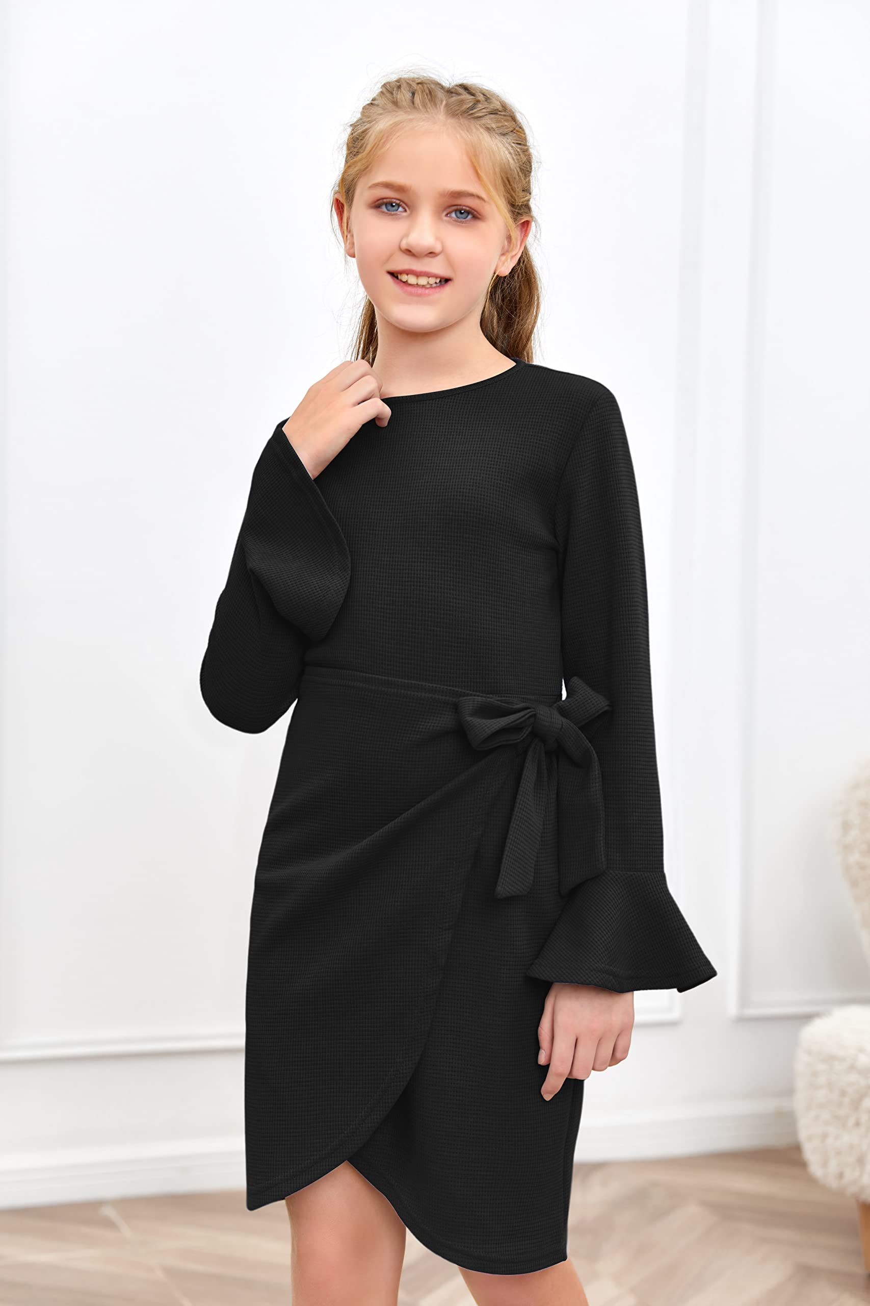 Girl's Solid Waffle Knit Midi Dress with Flared Long Sleeves & Belt - Comfortable Kids' Casual Wear for School, Parties & Family Outings