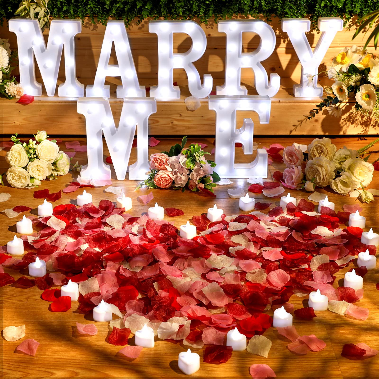 Romantic LED Light Up 'Marry Me' Sign with Rose Petals & 24 LED Candles - Proposal Decorations for Engagement, Wedding, Anniversary & Outdoor Events (Colorful Lights for Special Nights)