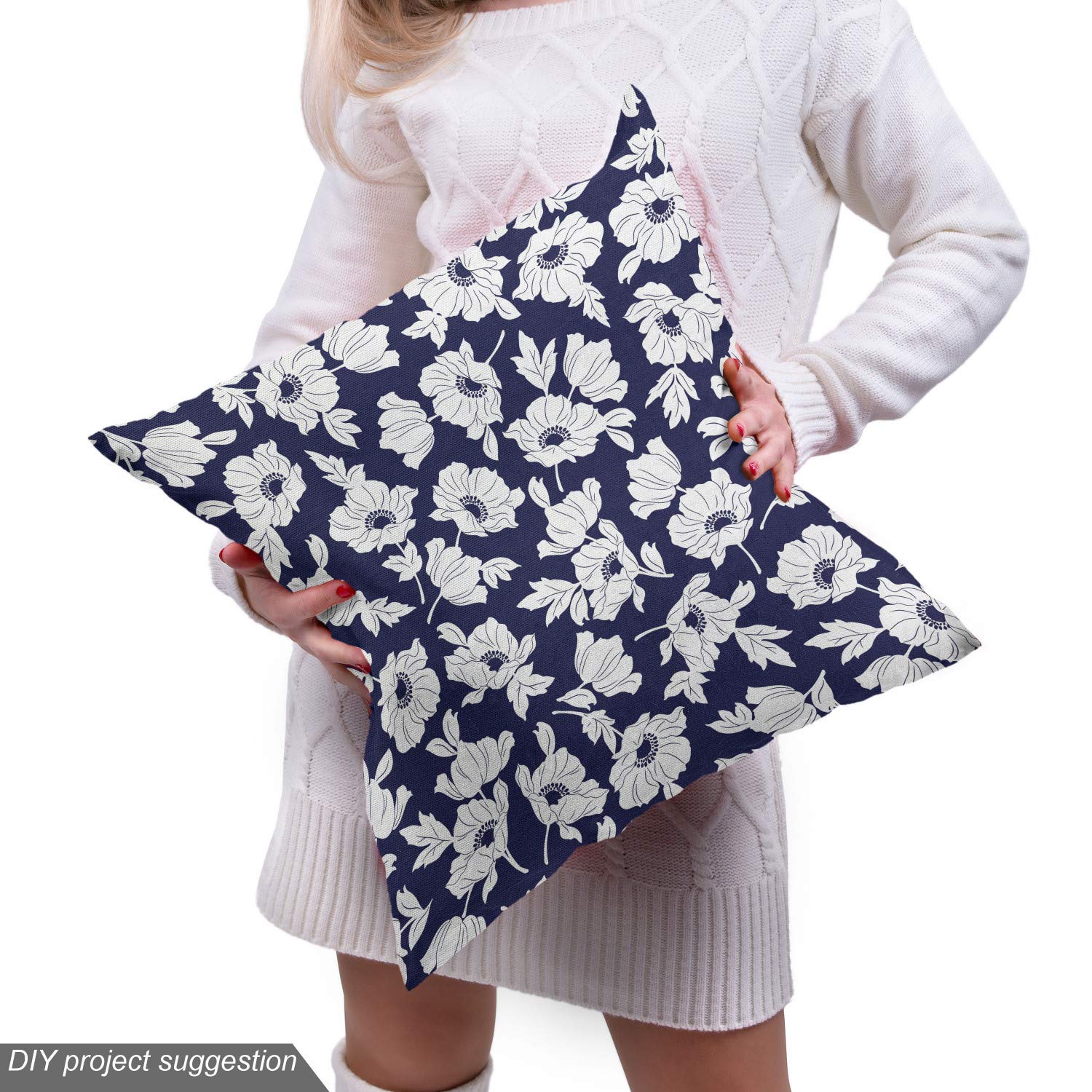 Ambesonne Floral Fabric by The Yard - Botanical Poppy Design in White & Indigo, 10 Yards | Upholstery, Home Decor, DIY Projects | Perfect for Curtains, Pillows & Spring Home Accents