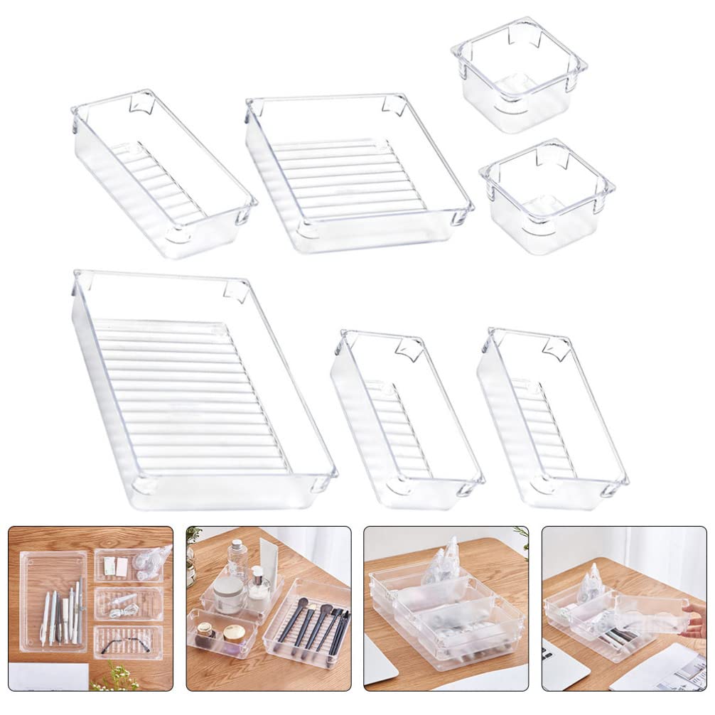 7-Piece Clear Plastic Storage Box Set - Versatile Drawer Dividers & Organizers for Cosmetics, Tableware, Jewelry | Shallow Narrow Trays for Home, Office & Kitchen Organization