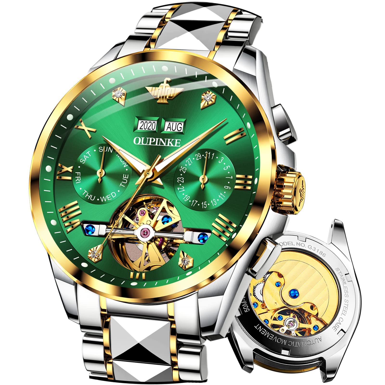 OUPINKE Men's Automatic Skeleton Watch - Self-Winding Mechanical Watch with Sapphire Crystal, 50M Waterproof & Tungsten Steel Case - Perfect for Business, Formal Events & Everyday Wear