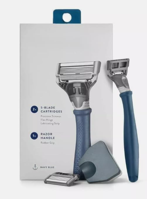 Premium Men's Razor Set - Navy Blue Handle & 2 German Engineered 5-Blade Refills for Ultra Smooth Shaving | Perfect for Travel, Daily Grooming & Gift Giving