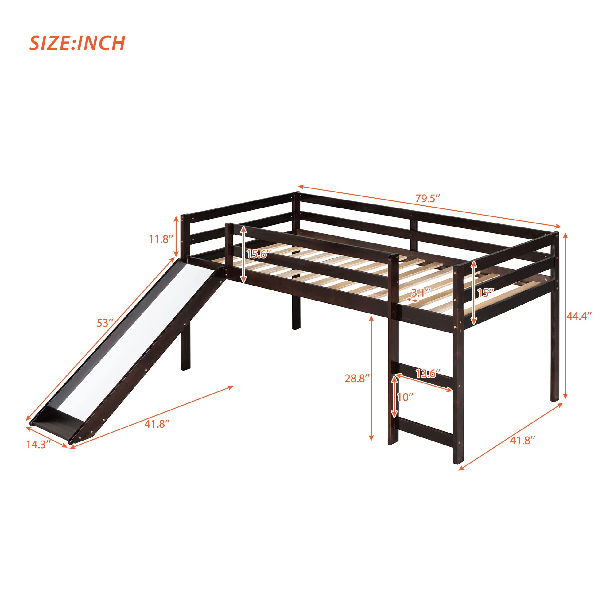 **Low Loft Bed with Slide for Kids - Twin Size Wooden Loft Bed Frame with Climbing Ladder & Safety Guard Rail - Espresso Finish - Perfect for Small Rooms, Playrooms & Sleepovers**