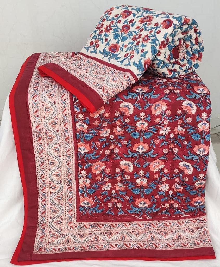 Handmade Jaipuri Rajai Quilt - 100% Pure Cotton Lightweight Reversible Floral Blanket for All Seasons (60x90 Inches, Red) - Perfect for Single Beds, Sofa Throws & Cozy Home Decor