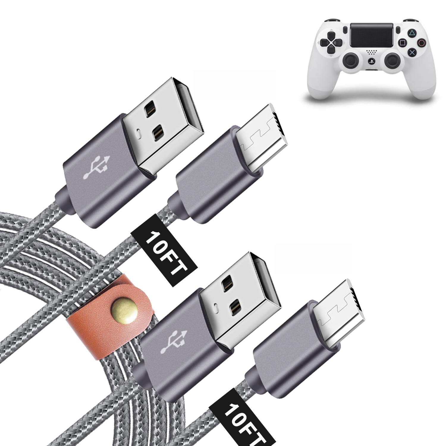 10FT 2-Pack PS4 Controller Charging Cable - Micro USB Charger Cord for PS4 Pro/Slim/DualShock 4 & Xbox One S/Elite/X Controllers - Extra Long Durable Nylon Braided Cable for Gaming & Streaming Sessions