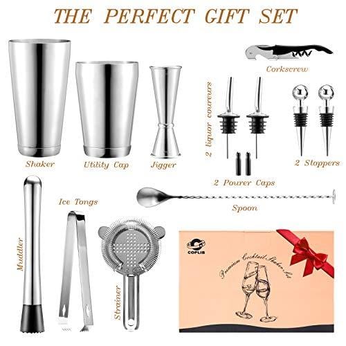 Premium 13-Piece Rustproof Bartender Kit - 304 Stainless Steel Cocktail Shaker Set with Stand, 18/25oz Thicker Shaker Tins (Silver) - Perfect for Home Bars, Professional Mixology & Cocktail Parties