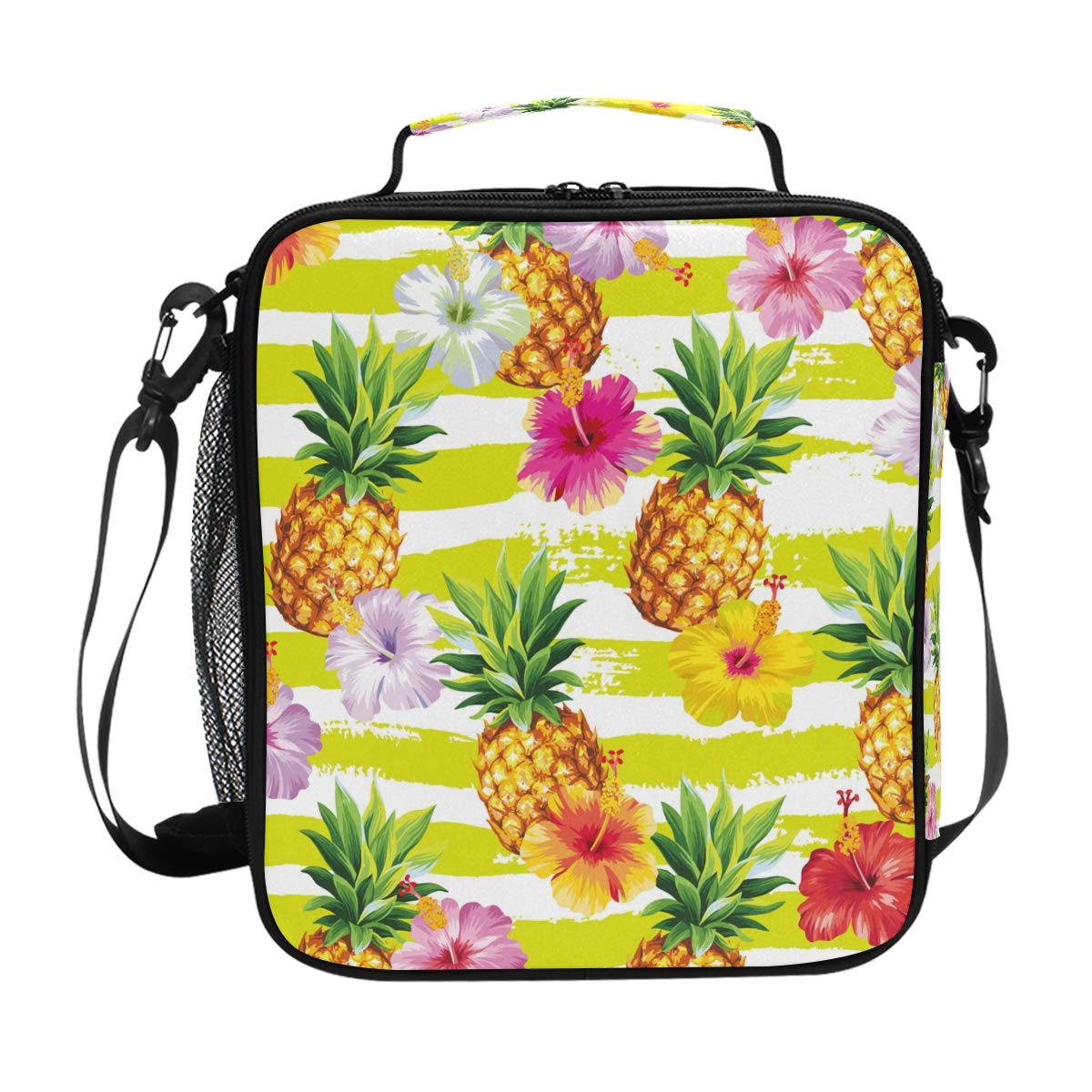 Insulated Reusable Lunch Box Tote Bag - Tropical Pineapple & Hibiscus Design for Women & Kids | Perfect for School, Picnics & Beach Outings