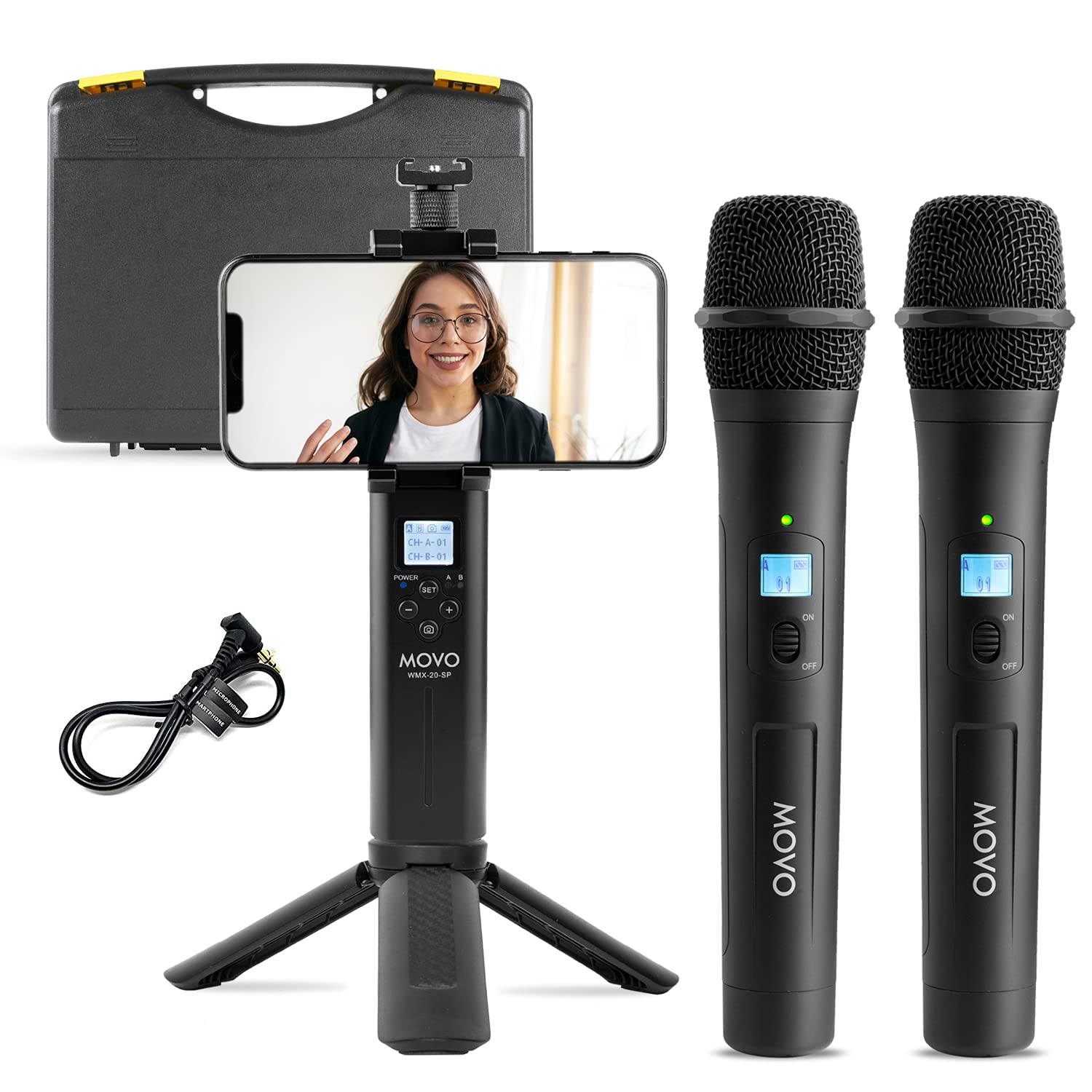 Movo 48-Channel UHF Wireless Microphone System with 2 Handheld Mics & Smartphone Receiver - Professional Cordless Mic Kit for Interviews, Vlogging, Reporting & Live Streaming - Includes Mini Tripod for Mobile Recording