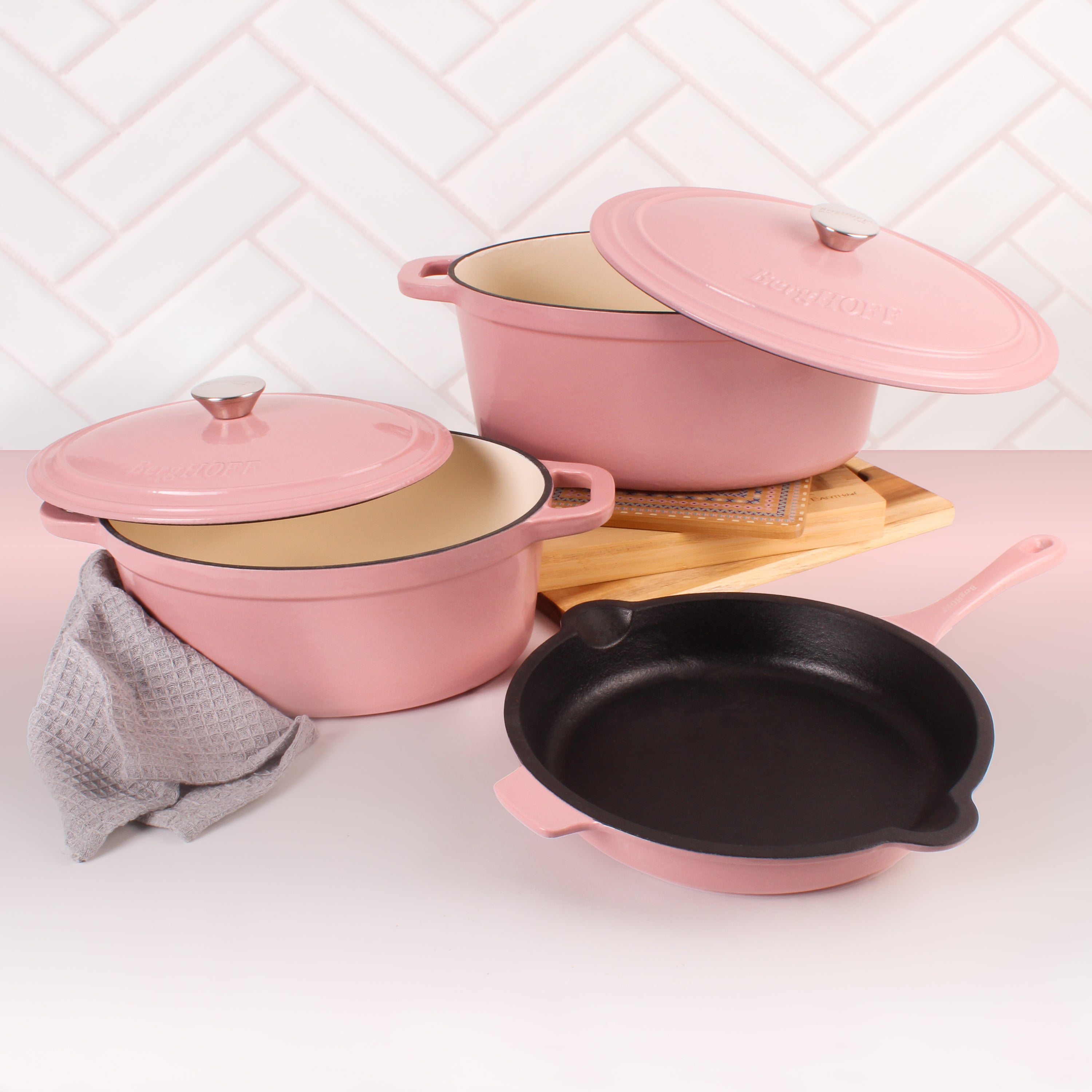 BergHOFF Neo 5-Piece Cast Iron Oval Dutch Oven Set with 10-Inch Fry Pan, 5-Quart & 8-Quart Sizes, Pink - Perfect for Baking, Roasting, and Slow Cooking at Home or Camping
