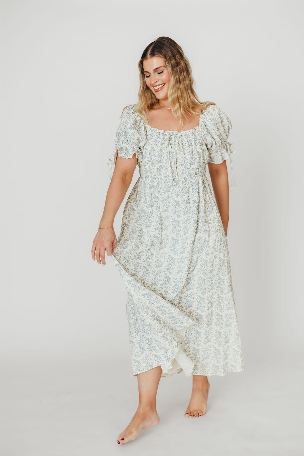 100% Cotton Savanna Steppe Midi Dress - Bump Friendly Maternity & Plus Size Blue Floral Dress for Women | Perfect for Summer Vacations, Beach Outings and Casual Wear