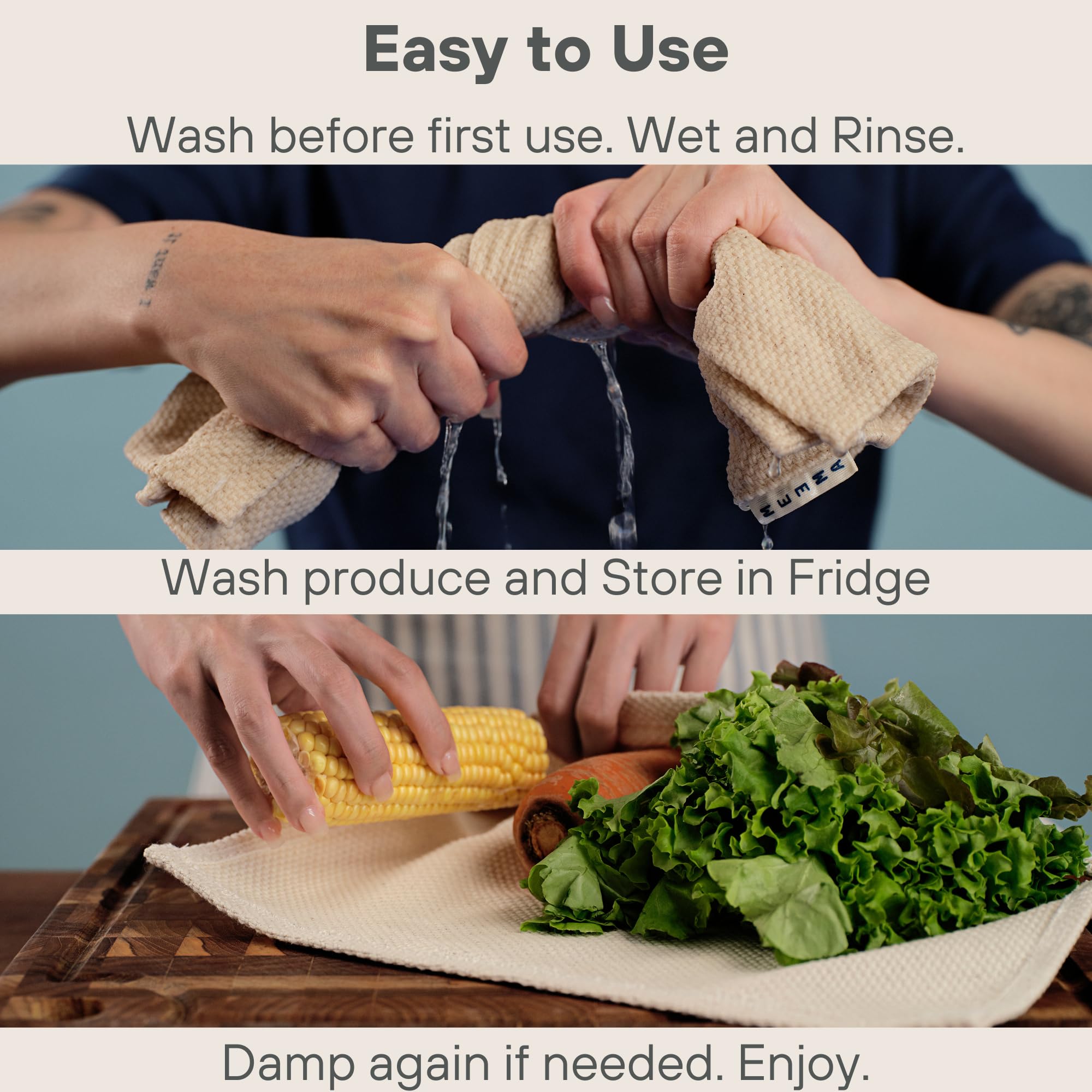 MEEMA Eco-Friendly Reusable Vegetable Crisper Bags - Organic Cotton Produce Storage for Refrigerator, Lettuce, Fruits & Veggies - Breathable Washable Food-Saving Bags (Set of 2) | Perfect for Fresh Food Storage, Grocery Shopping & Zero-Waste Kitchen