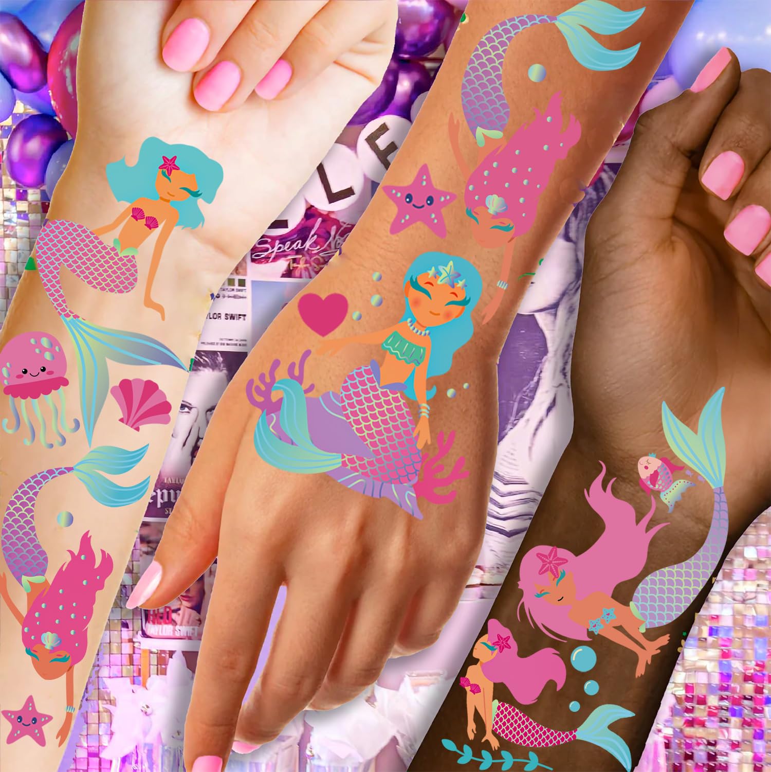 Mermaid Temporary Tattoos for Kids - 130+ Pcs Under The Sea Party Decorations, Birthday Favors & Gifts | Perfect for Mermaid Themed Birthday Parties, Pool Parties & Ocean-Themed Events