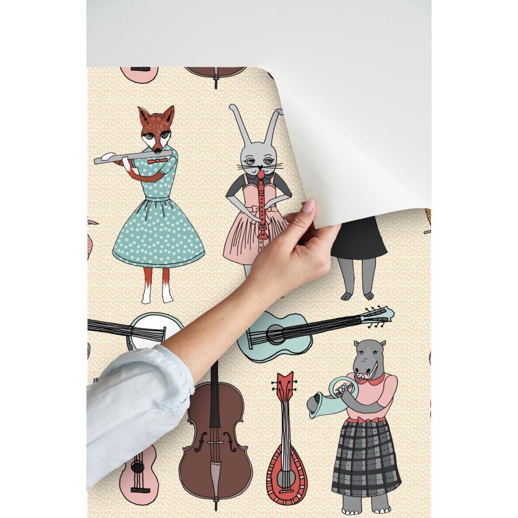 12ft x 2ft Peel and Stick Removable Wallpaper - Animal Band Music Instrument Nursery Decor | Custom Baby Room Wallpaper by Spoonflower | Perfect for Kids' Bedrooms, Playrooms & Nursery Walls