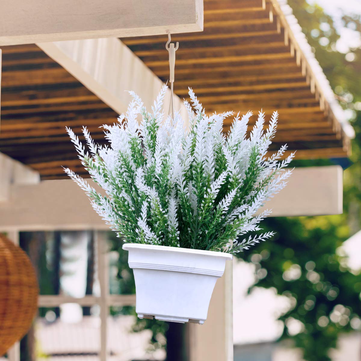 8 Bundles Artificial Lavender Flowers UV Resistant Faux Plastic Plants for Outdoor Garden Porch Window Box Decor - Classic White - Perfect for Home, Wedding, Party & Office Decoration