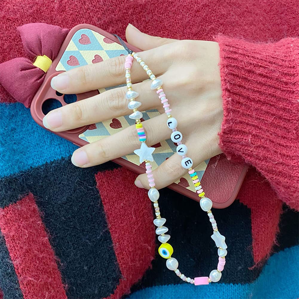 Kawaii Beaded Phone Charm with Pearls & Butterfly - Anti-Lost Acrylic Beaded Phone Lanyard, Boho Wrist Strap for iPhone Samsung - Perfect for Girls Teens, School, Work & Travel Accessories