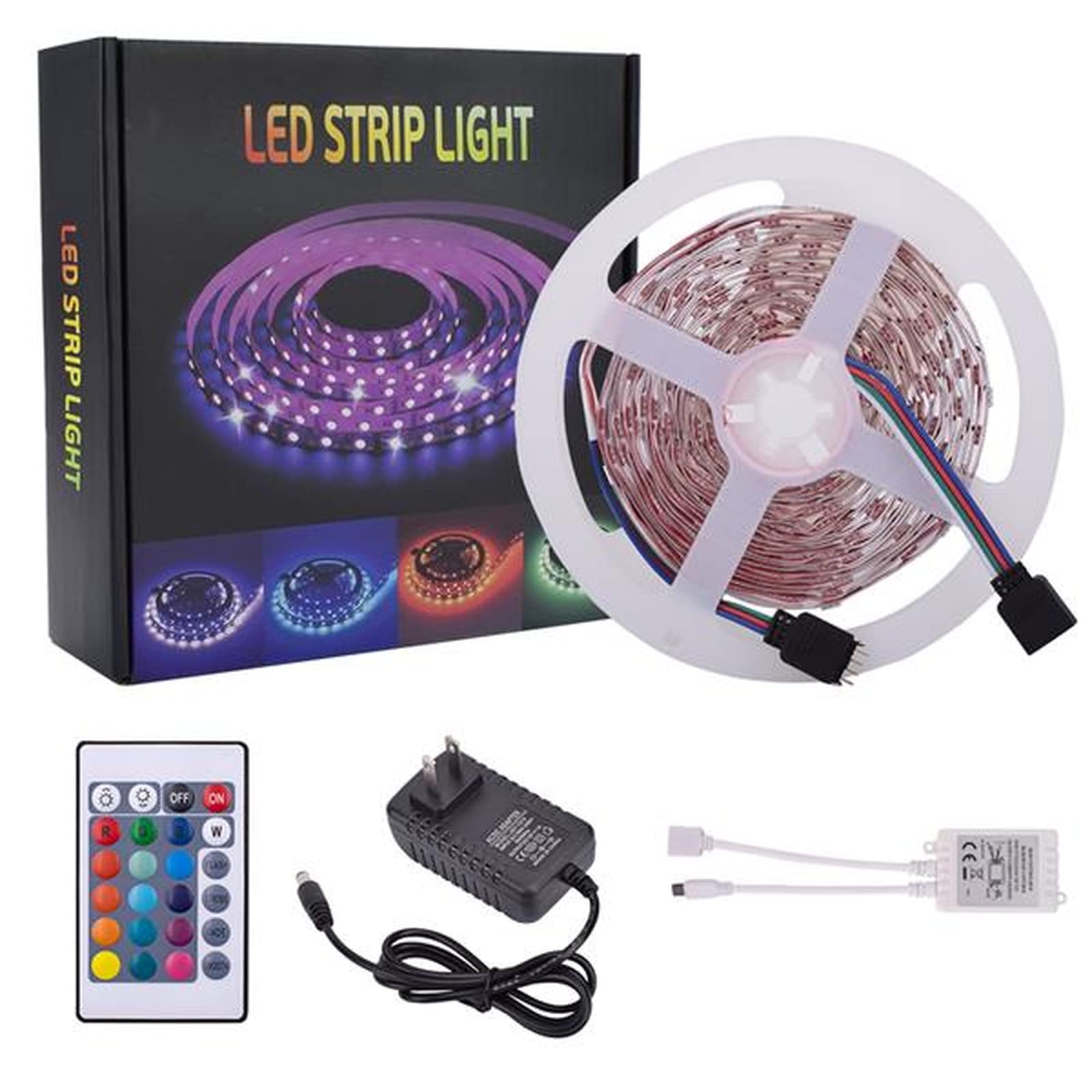 RGB LED Strip Lights with 24-Key IR Remote Controller - Dimmable Color Changing Light Strips for Bedroom, Kitchen, Party Decoration (White Lamp Plate)