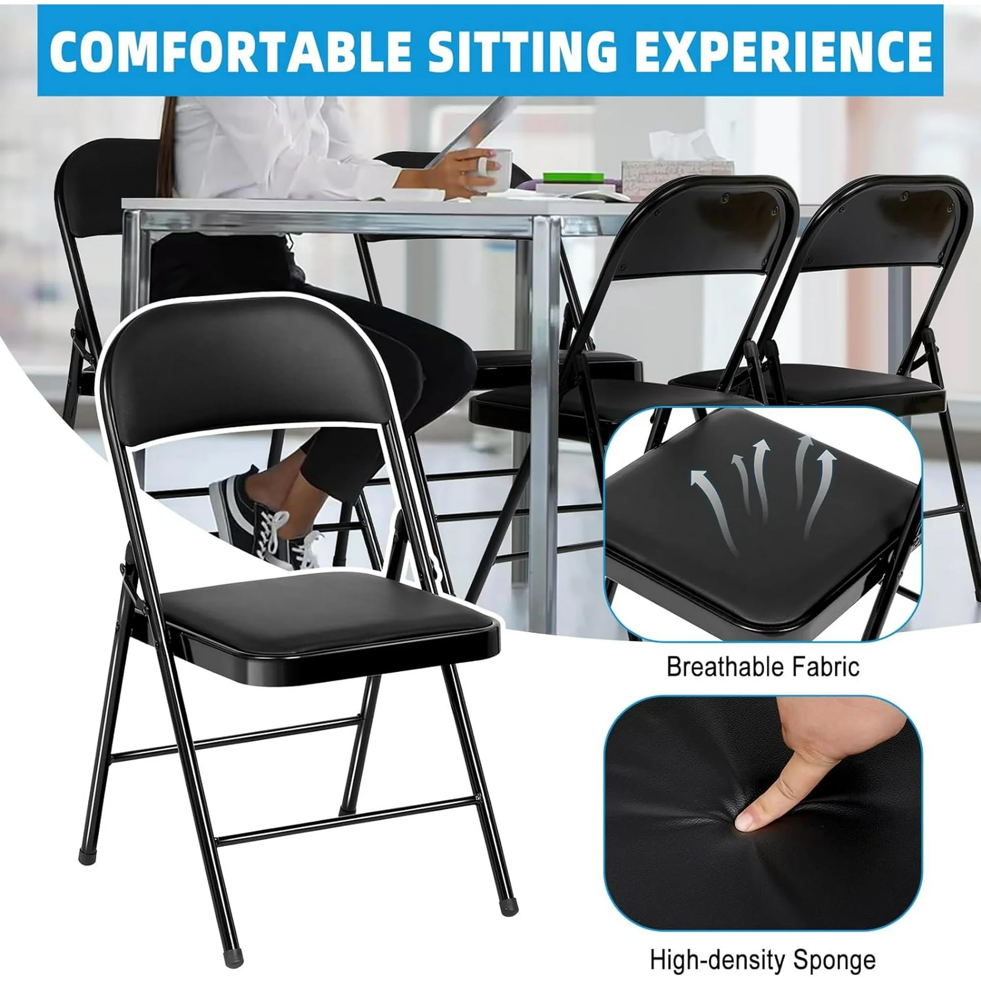 4 Pack Black Folding Chairs with Padded Seats - Heavy Duty Portable Stackable Chairs for Indoor Outdoor Use - Perfect for Weddings, Parties, Office Events & Camping - Classic Leather-Like Folding Chairs (Set of 4)