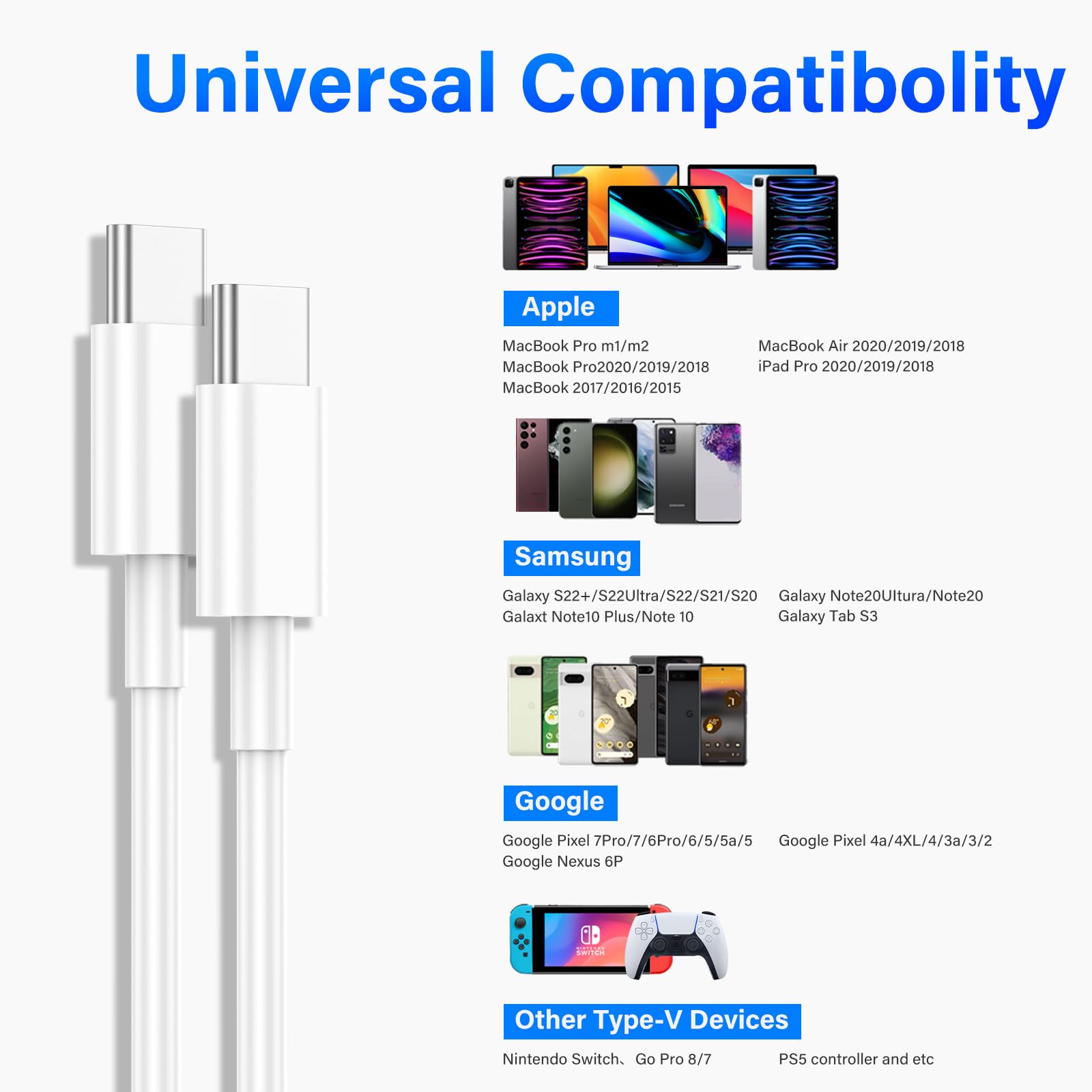 3-Pack 3ft USB-C to USB-C Fast Charging Cable 60W PD - Compatible with Samsung Galaxy S23/S22/S21/S20 Ultra, Note 20/10, Google Pixel 2/3/4, MacBook Pro/Air, iPad Pro - White | Perfect for Home, Office & Travel Charging