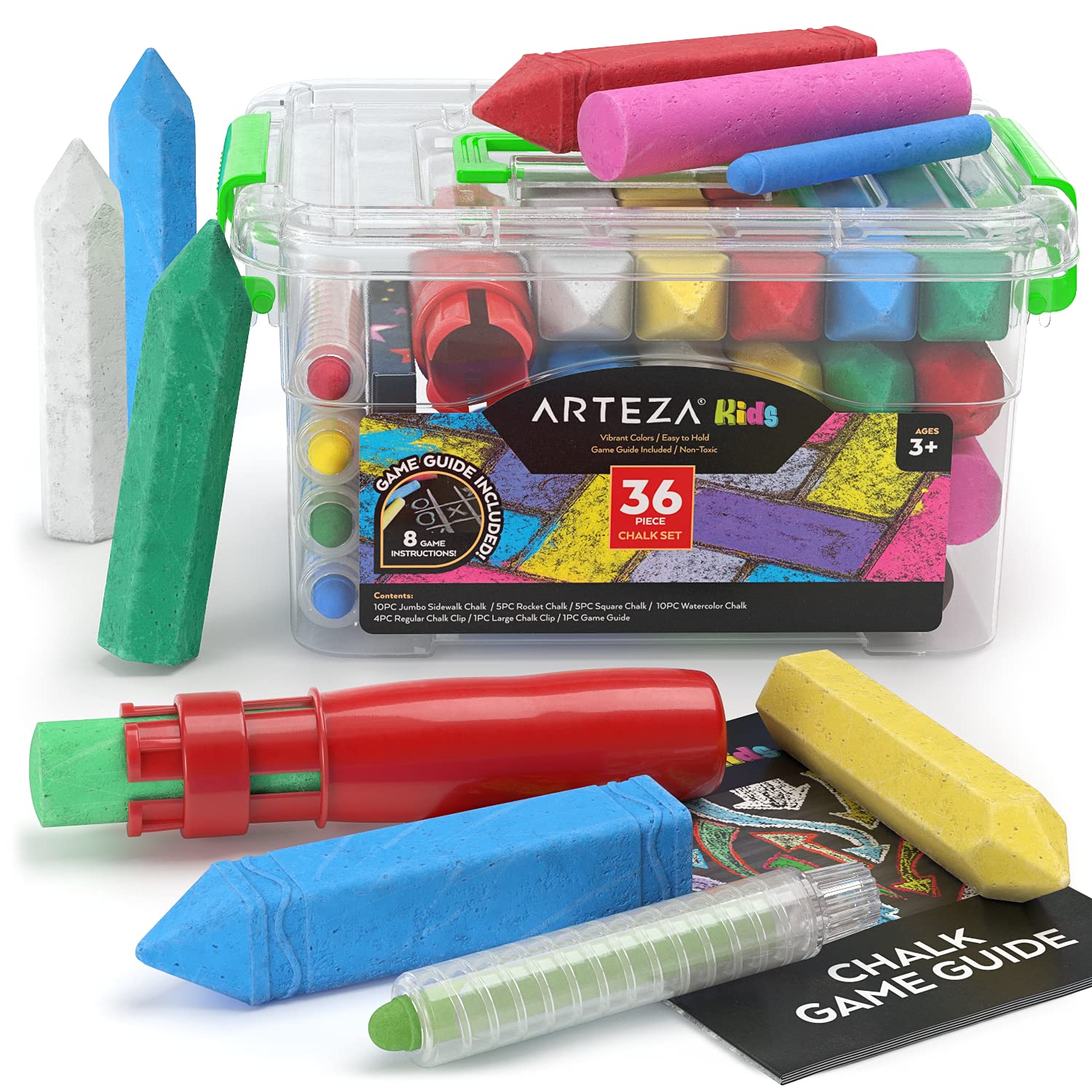 Arteza 36-Piece Kids Sidewalk Chalk Set - Non-Toxic Washable Chalk Sticks with Game Guide for Outdoor Art, Summer Activities & Chalkboard Drawing - Perfect for Driveway Art, Birthday Parties & Creative Play