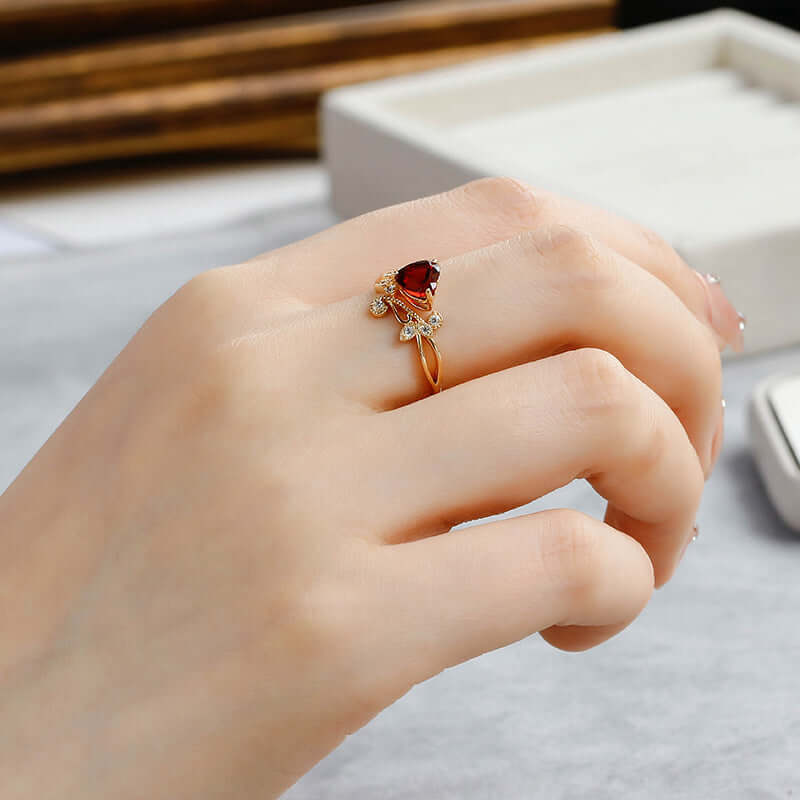 Red Garnet Heart Shaped Olive Branch Spiral Ring - Dainty Bohemian Jewelry for Women | Perfect for Valentine's Day, Anniversary Gifts & Boho Fashion Accessories