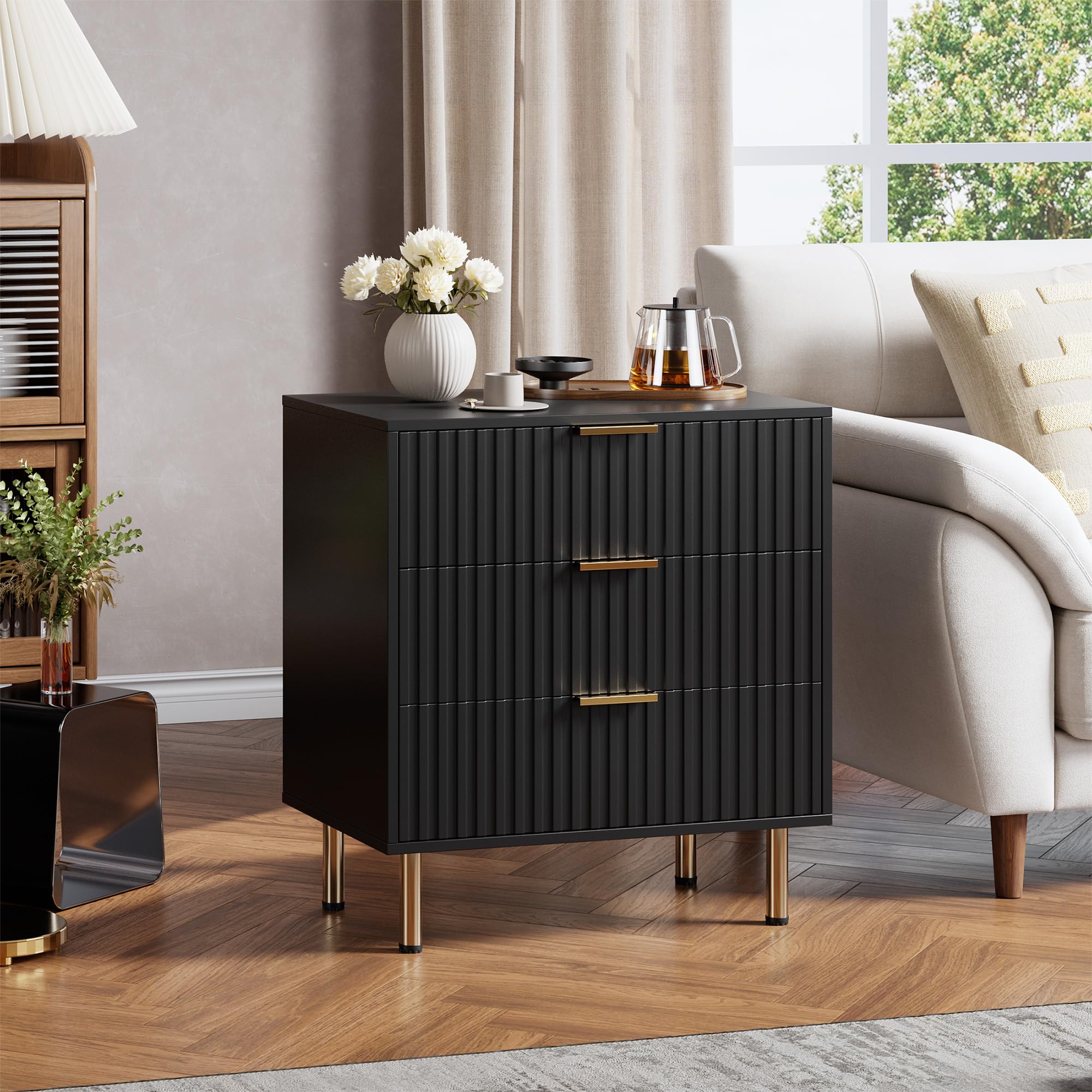 GARVEE 3-Drawer Dresser for Bedroom - Modern Wood Storage Chest with Gold Metal Handles, Anti-Tip Design, Large Nightstand Organizer for Clothes, Bedding & Accessories - Perfect for Entryway, Hallway & Living Room - Black