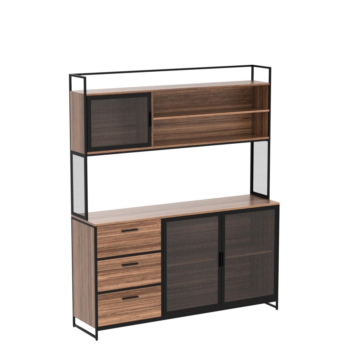 Large Kitchen Hutch Cabinet with 3 Metal Doors & 3 Drawers - Rustic Brown Pantry Storage Cupboard with Microwave Shelf (59