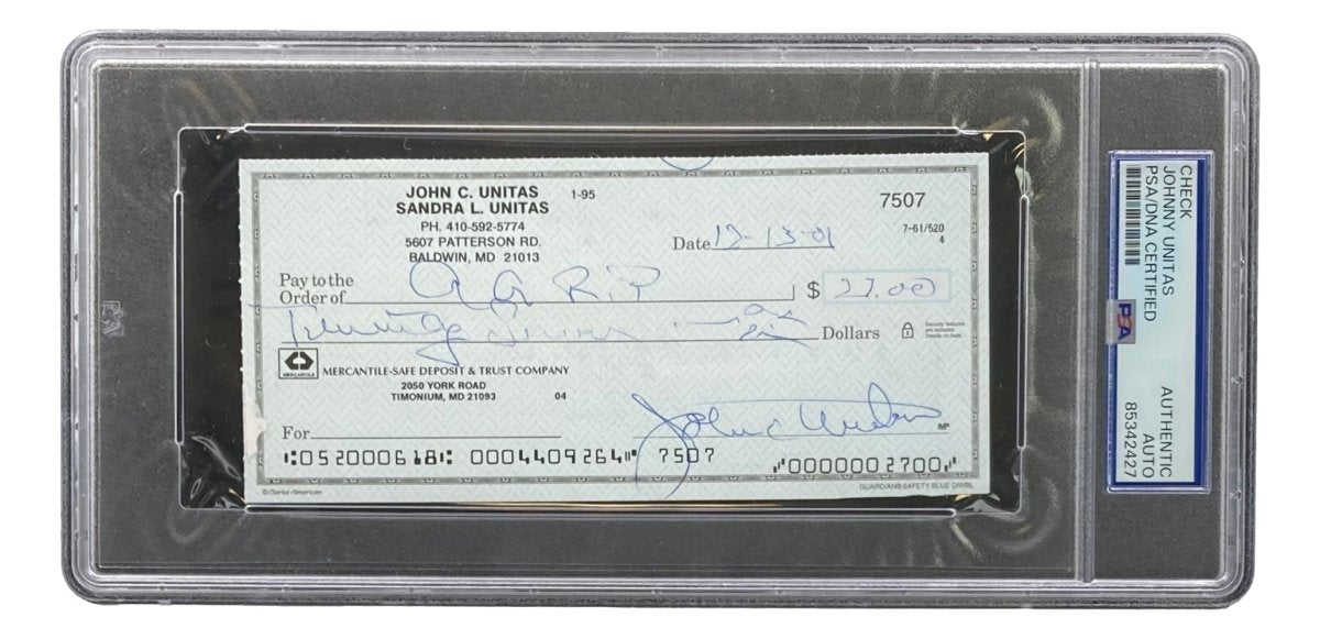 Johnny Unitas Baltimore Colts Autographed Bank Check #7507 PSA Certified - Rare NFL Memorabilia for Collectors & Sports Fans