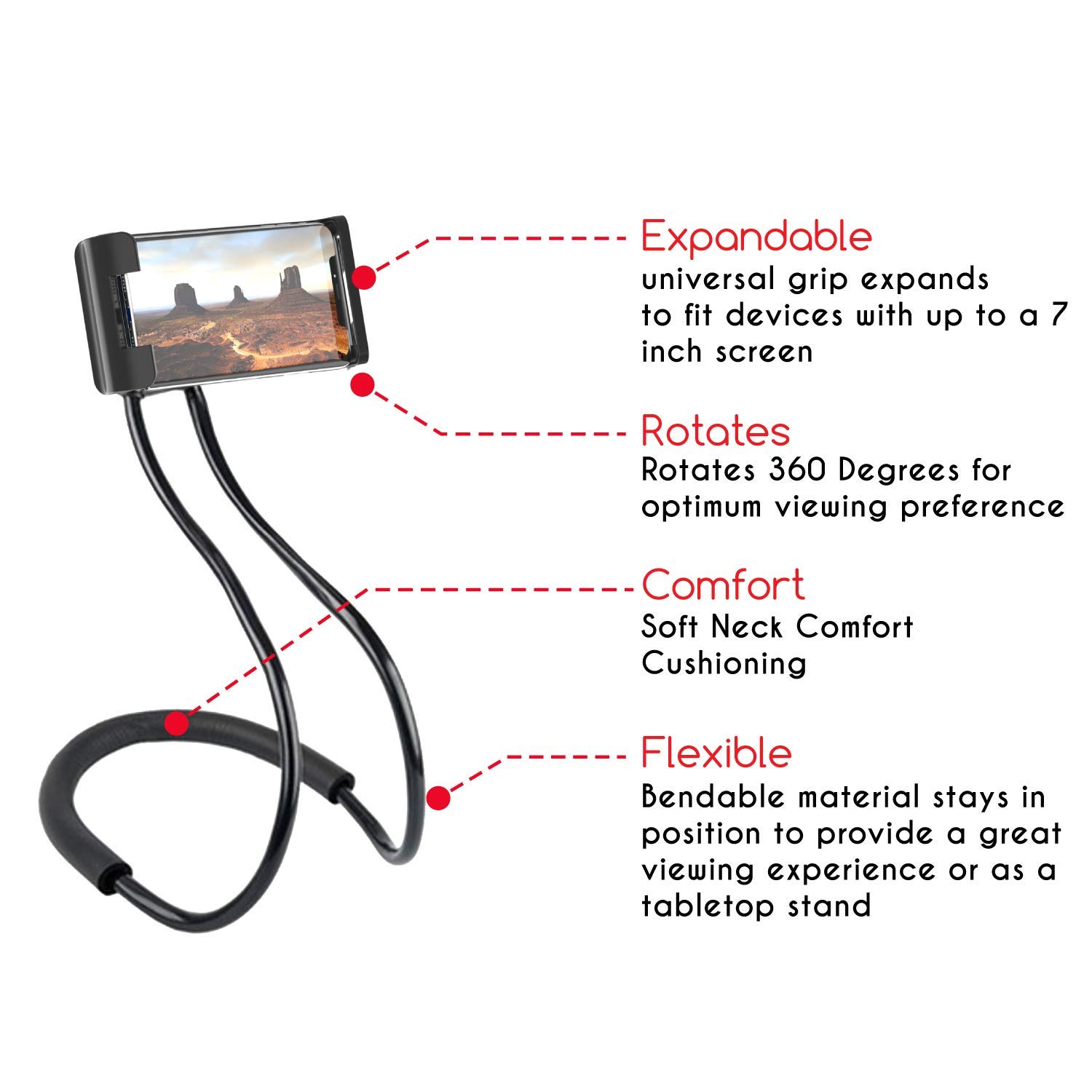 Hands-Free Around The Neck Phone Holder - Adjustable & Comfortable for iPhone & Android - Perfect for Cooking, Working Out, Travel & Outdoor Activities