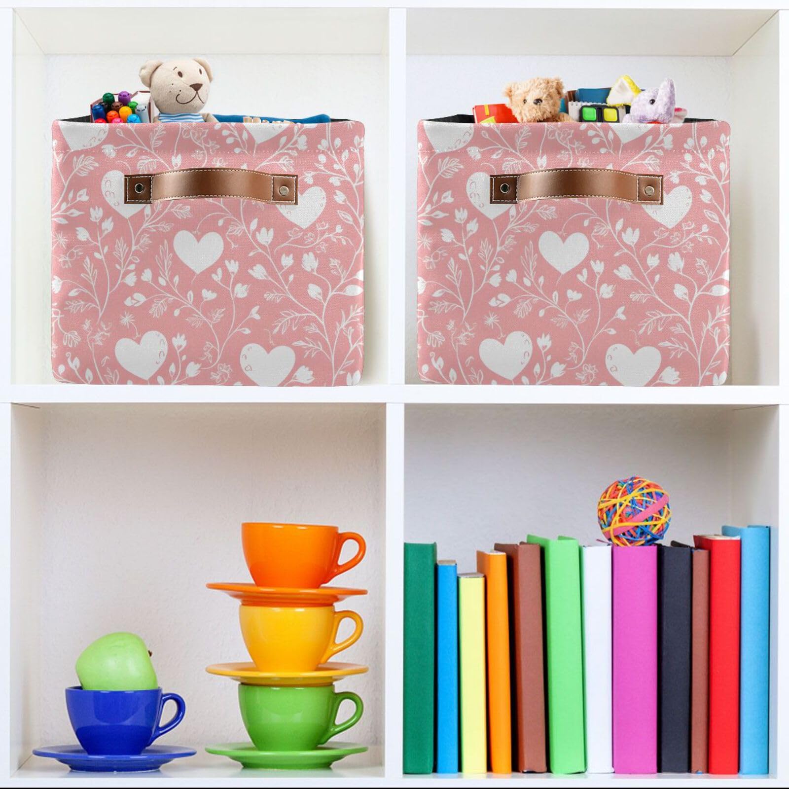 Kigai White Hearts Storage Bins for Shelves - Foldable Double Handle Storage Baskets with Metal Frame, Rectangular Closet Organizer Containers for Home & Bedroom - Perfect for Clothes, Toys, and Home Organization