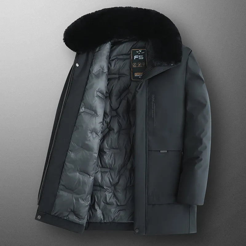 Men's Winter Parka Coat with Fleece Lining & Fur Collar - Thick Warm 5XL Plush Jacket for Autumn Outdoor Work & Cold Weather Protection