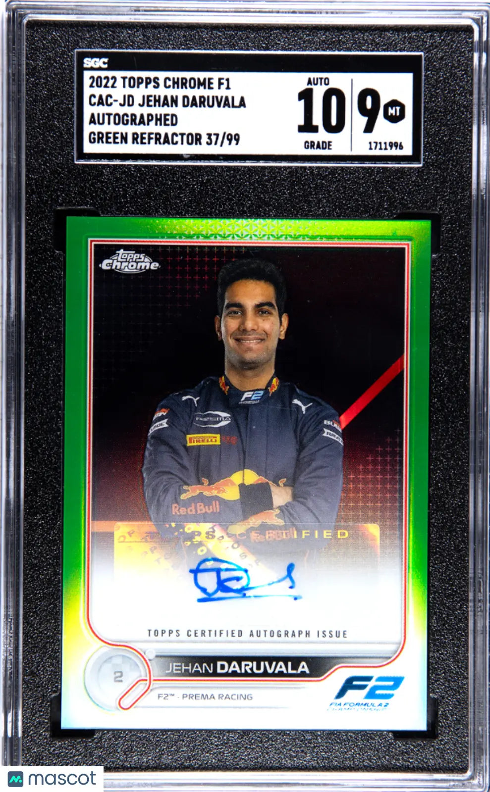 2022 Topps Chrome F1 Jehan Daruvala Green Refractor Auto SGC 9 /99 - Rare Racing Collectible for F1 Fans & Card Collectors - Perfect for Display, Investment & Sports Memorabilia Collections