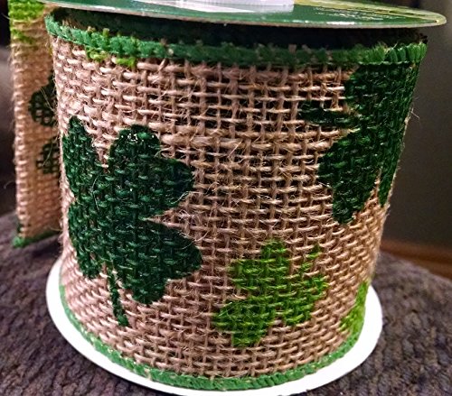 2.5 Inch Wide Burlap Shamrock Ribbon for St. Patrick's Day Decorations - 6 Yards Green Craft Ribbon for DIY Projects, Party Favors, and Gift Wrapping