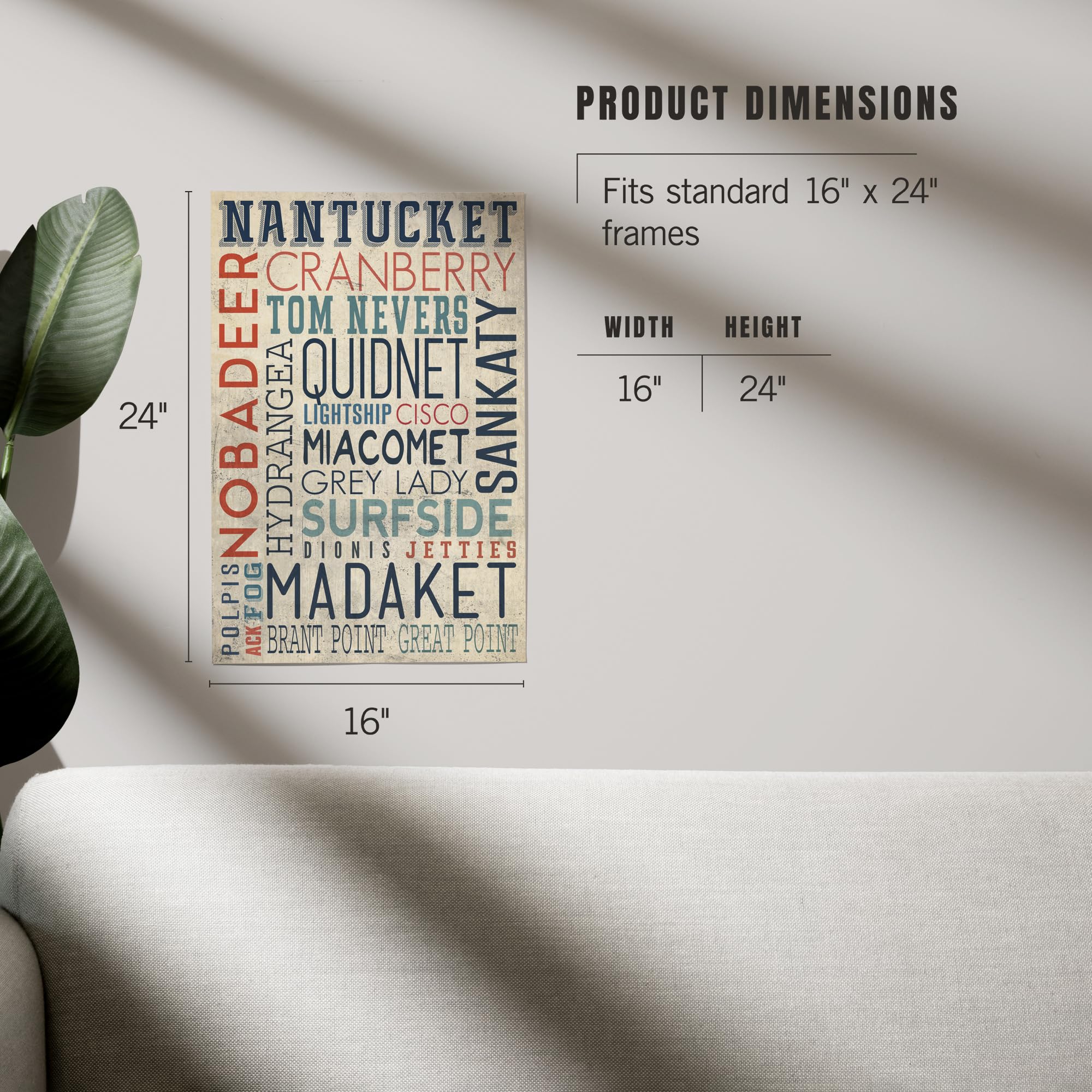 Lantern Press 16x24 Inch Giclee Print - Nantucket Massachusetts Coastal Typography Art - Perfect for Beach House Decor & Coastal Living Room Wall Art
