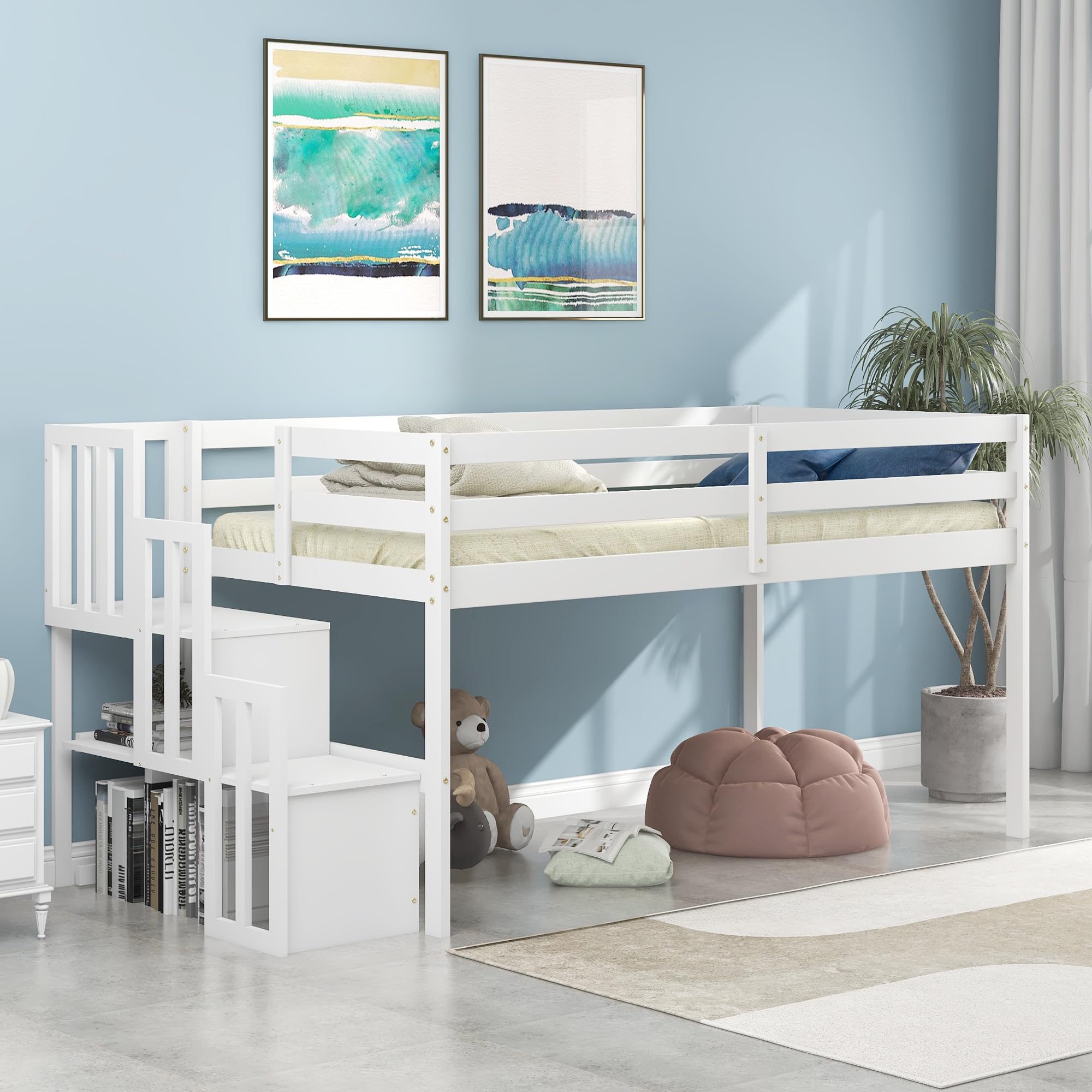 Bellemave Twin Size Low Loft Bed with Stairs & Storage - Sturdy Wooden Bed Frame for Kids, Teens, Boys & Girls - White - Perfect for Small Bedrooms, Dorm Rooms & Kids' Spaces