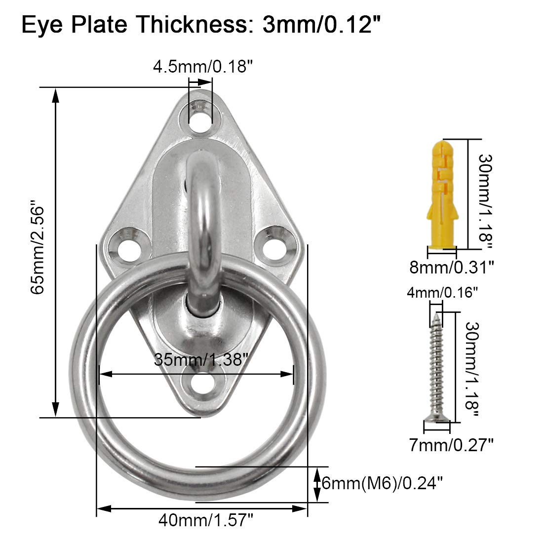 4Pcs M6 Diamond Pad Eye Plate with Ring Hook - Heavy Duty Stainless Steel Ceiling & Wall Mount Bracket for Yoga Swings, Hammocks, Boat Rigging & Suspension Training Straps - Perfect for Home Gym, Outdoor Activities & Marine Use